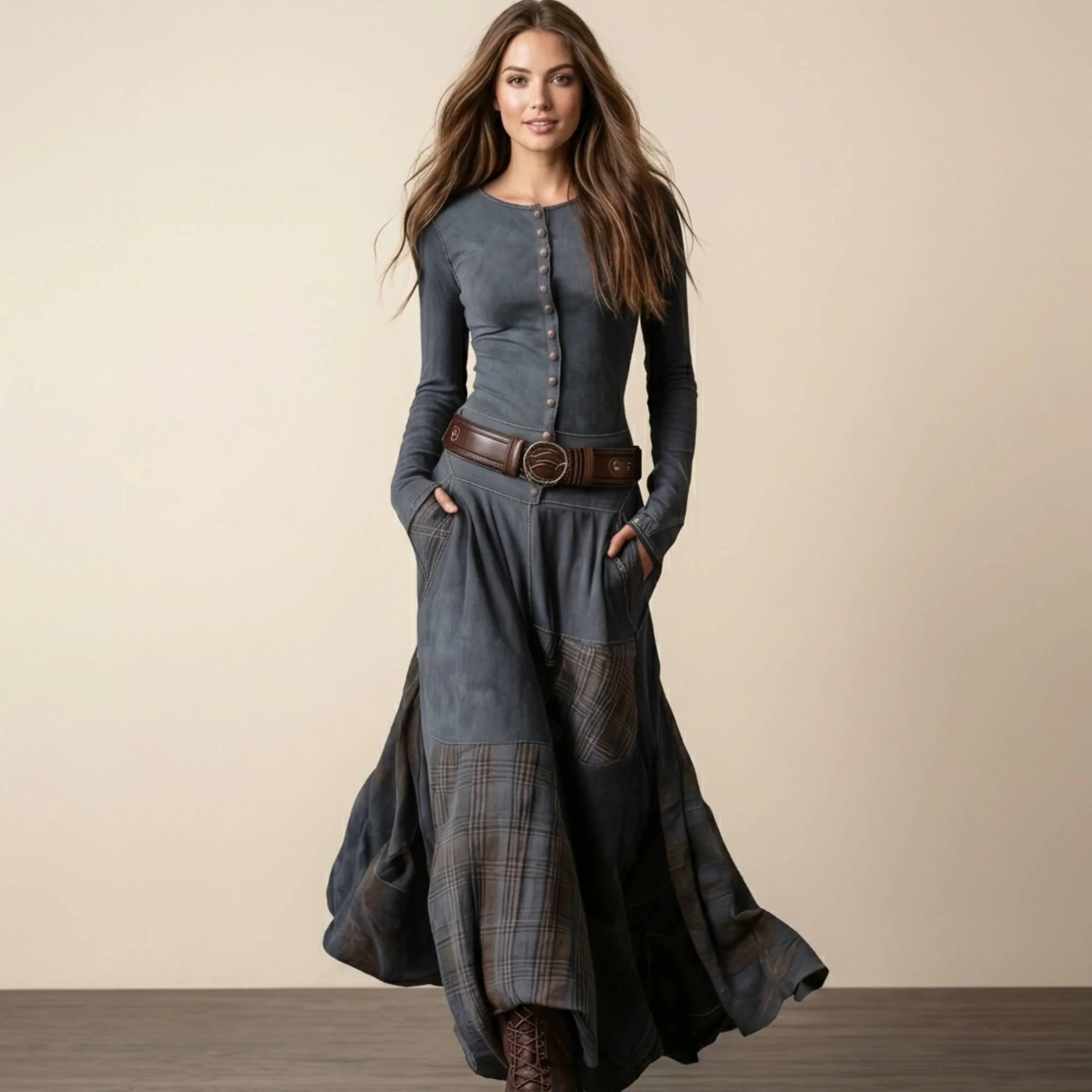Boho Plaid Patchwork Maxi Dress, Long Sleeve, Belted Waist, Cottagecore Wear - image 3