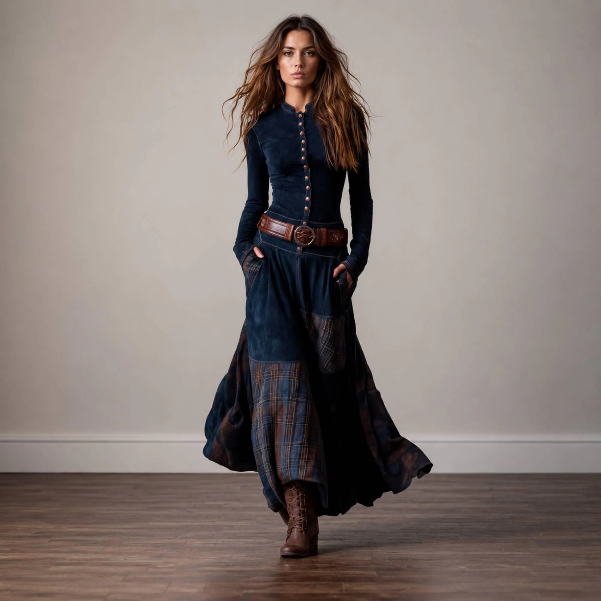 Boho Plaid Patchwork Maxi Dress, Long Sleeve, Belted Waist, Cottagecore Wear