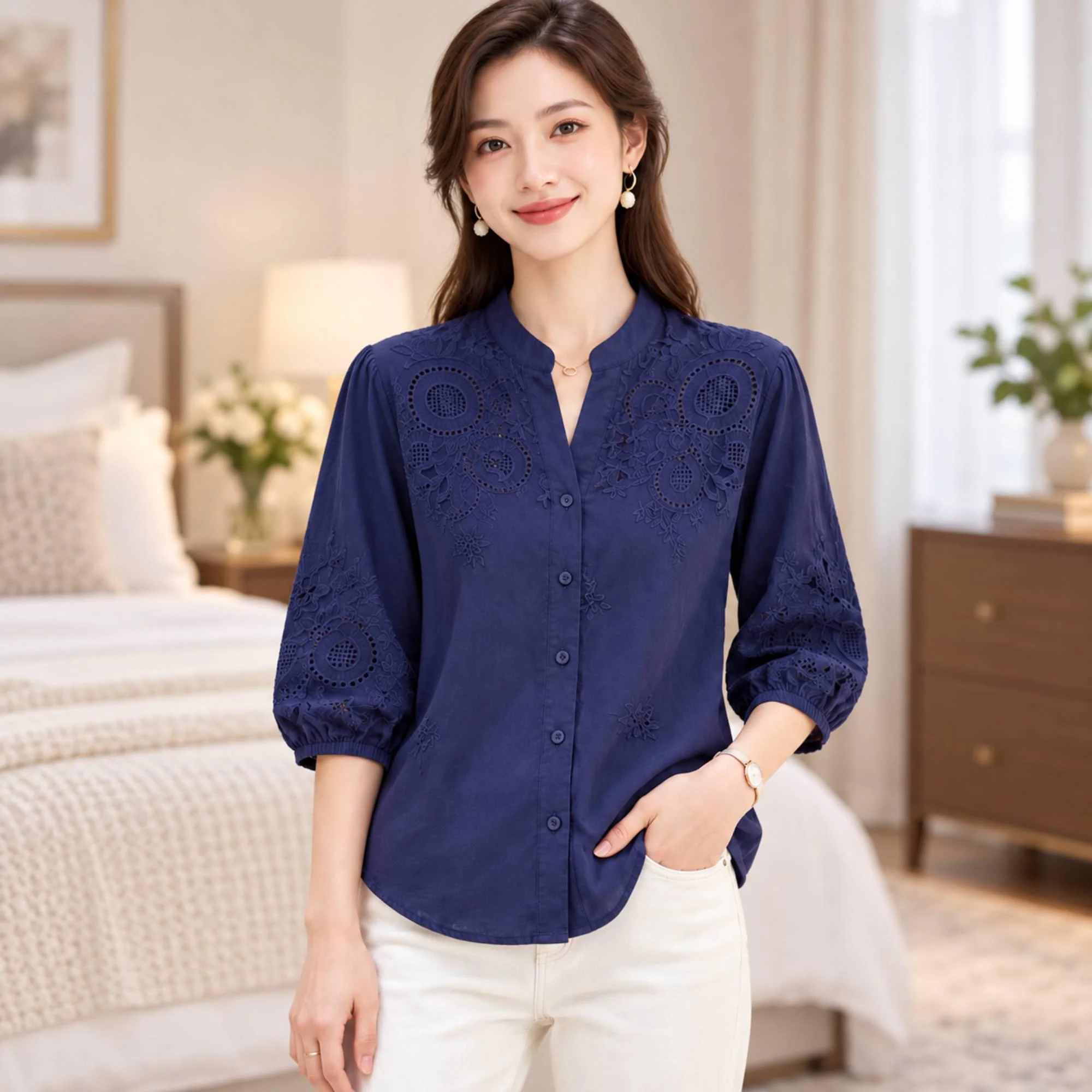 Women's Embroidered Cotton Blouse, Floral Eyelet Button Down Top with Puff Sleeves - image 3