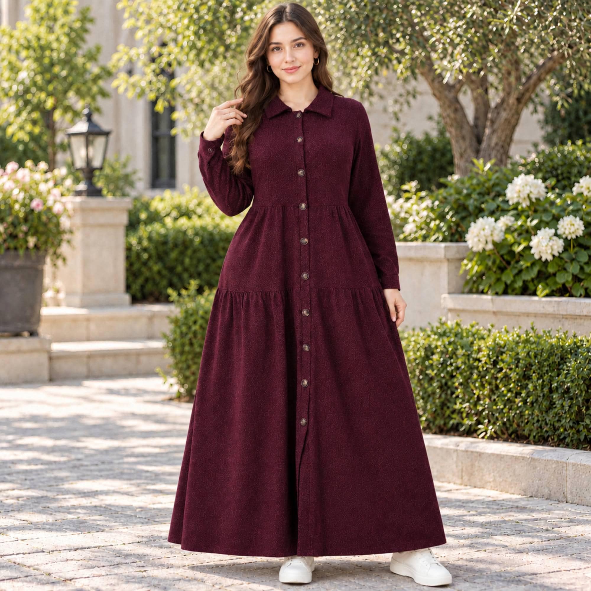 Button Front Maxi Shirt Dress, Long Sleeve Collared Tiered Dress for Women - image 3