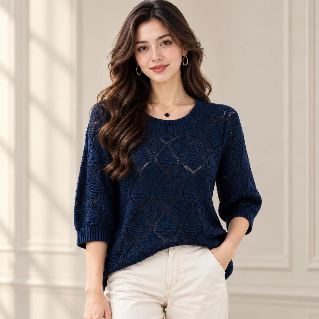 Women’s Openwork Knit Top, Crew Neck 3/4 Sleeve Pullover Sweater - image 3