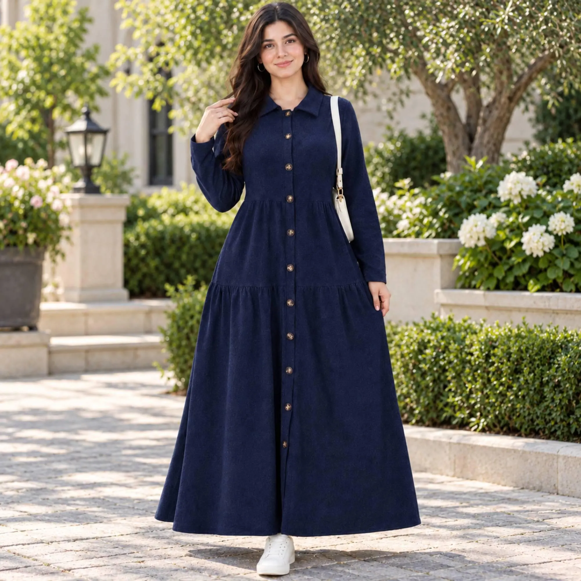 Button Front Maxi Shirt Dress, Long Sleeve Collared Tiered Dress for Women