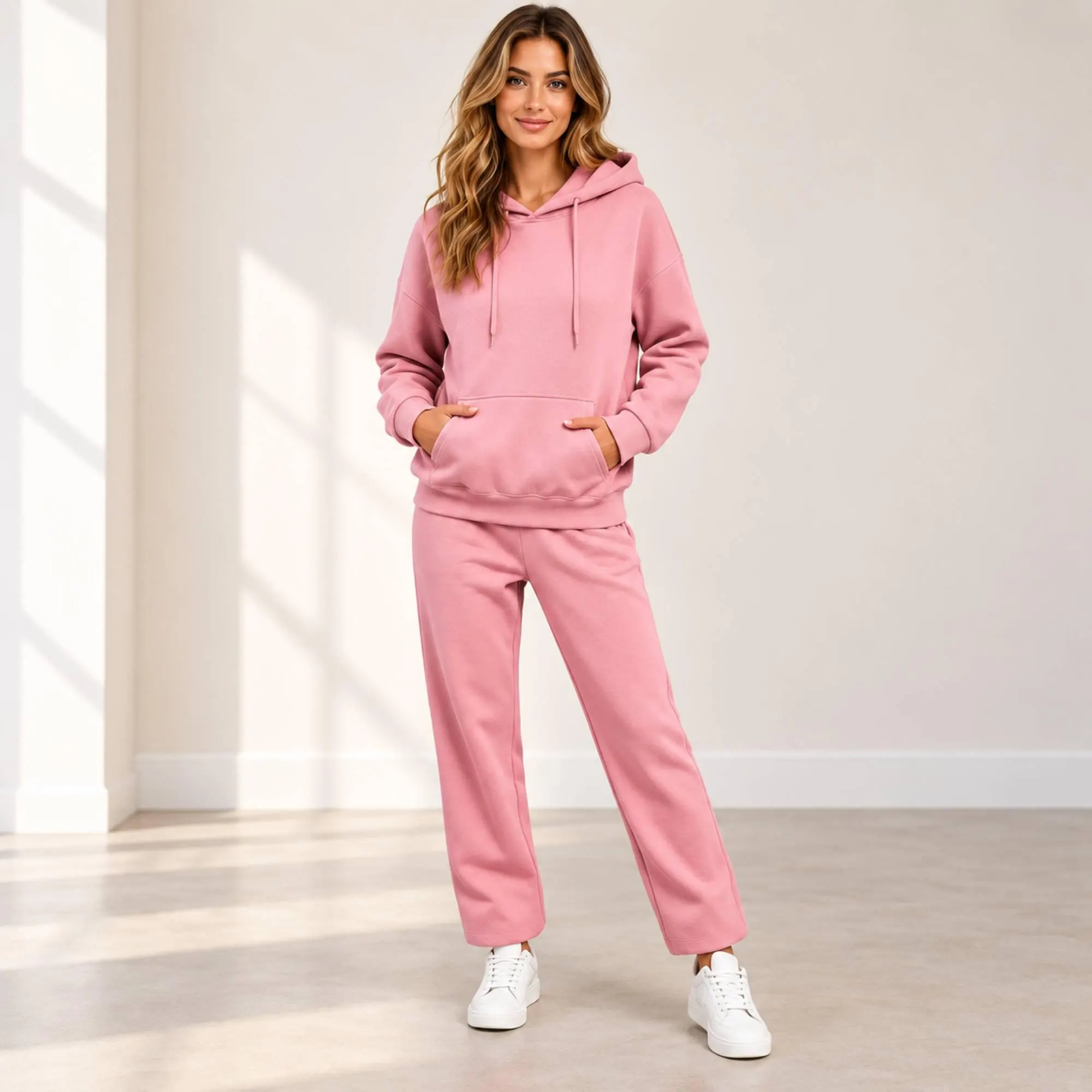 Women’s Pink Hoodie Set, Cozy 2 Piece Loungewear, Oversized Sweatshirt & Pants