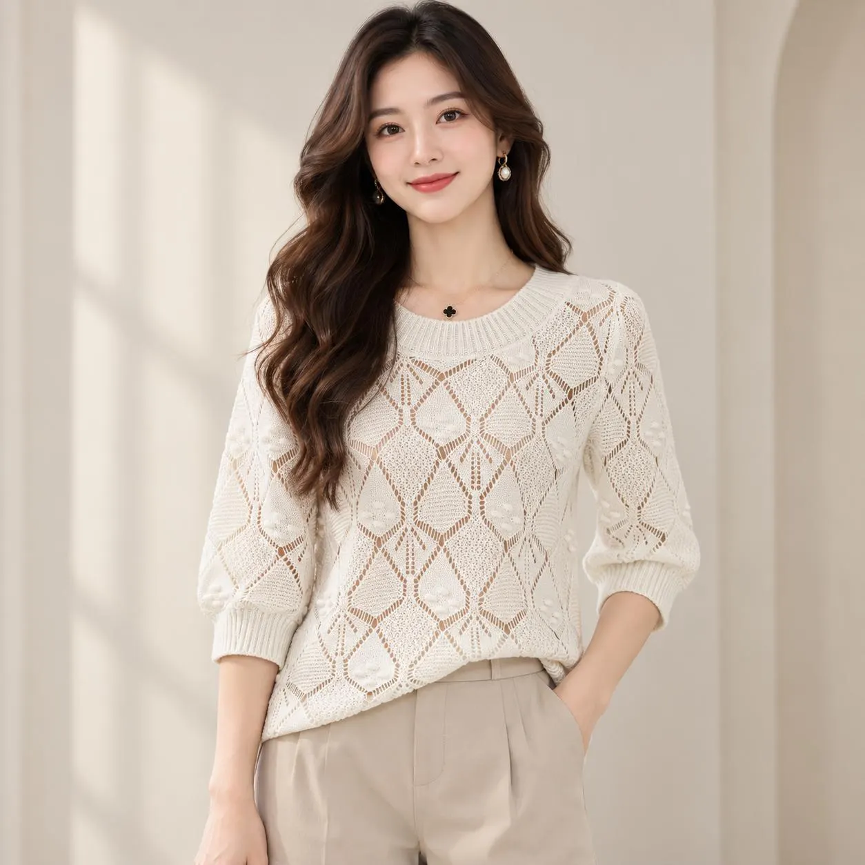 Women’s Openwork Knit Top, Crew Neck 3/4 Sleeve Pullover Sweater