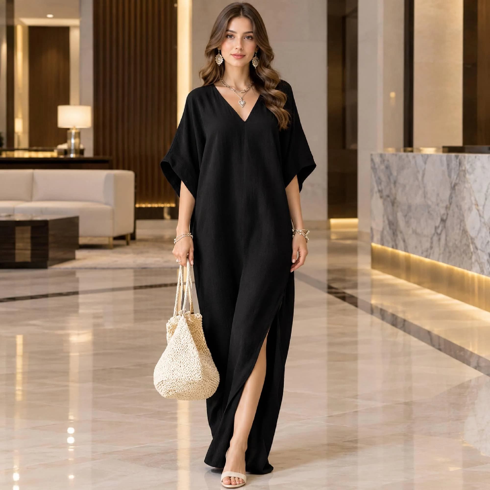 Women’s V Neck Kaftan Maxi Dress, Loose Batwing Sleeve Boho Summer Beach Cover Up - image 3