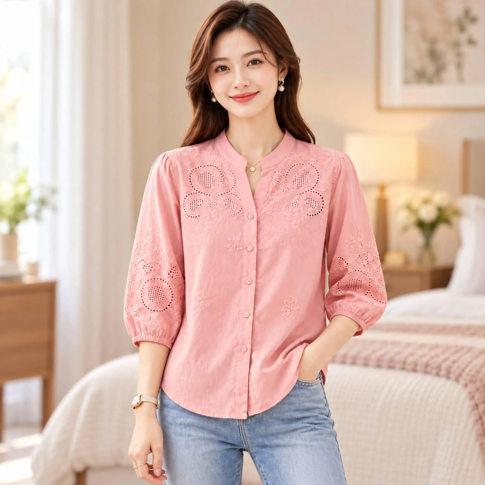 Women's Embroidered Cotton Blouse, Floral Eyelet Button Down Top with Puff Sleeves - image 5