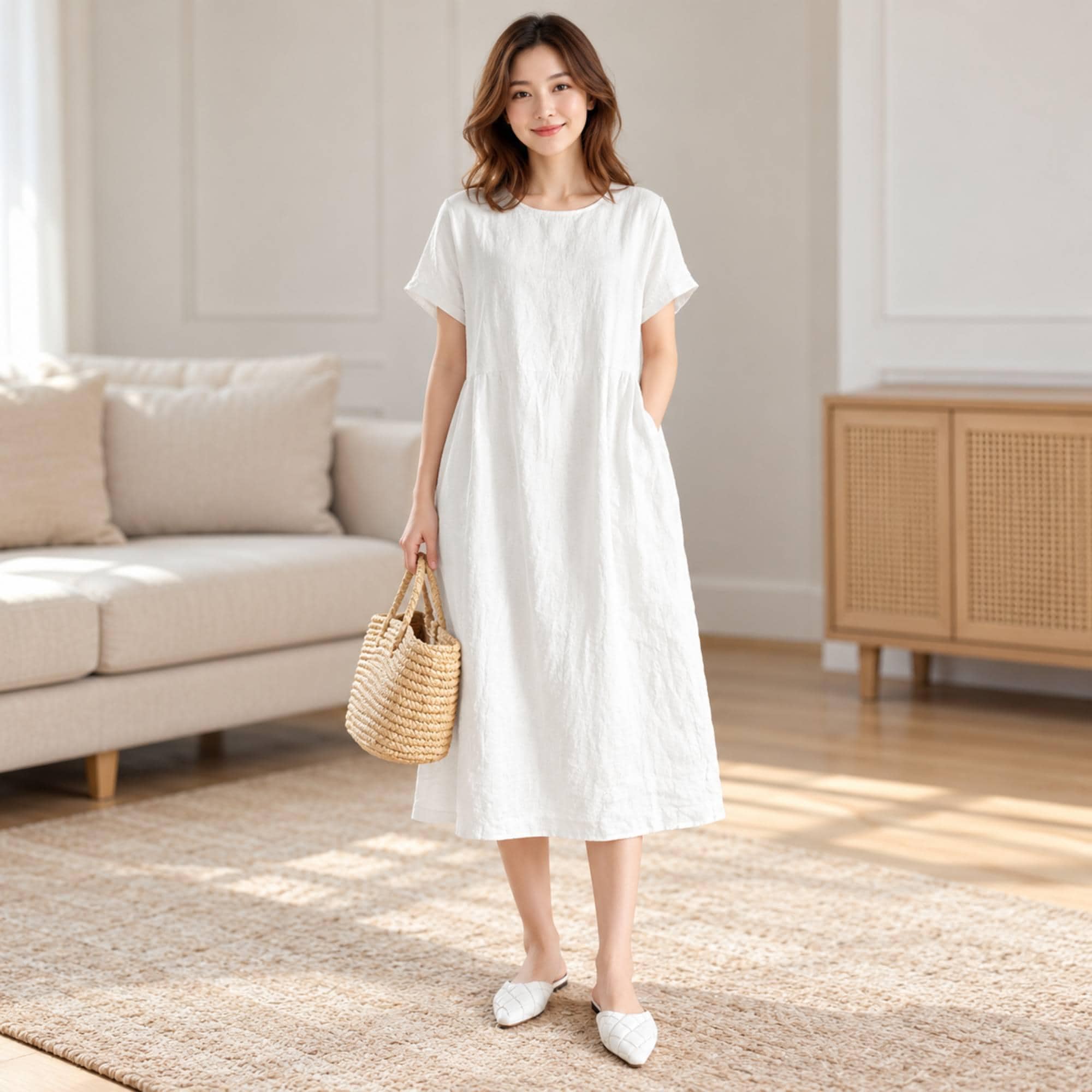 Women’s Casual Midi Dress with Pockets, Short Sleeve Relaxed Fit Summer Dress - image 3