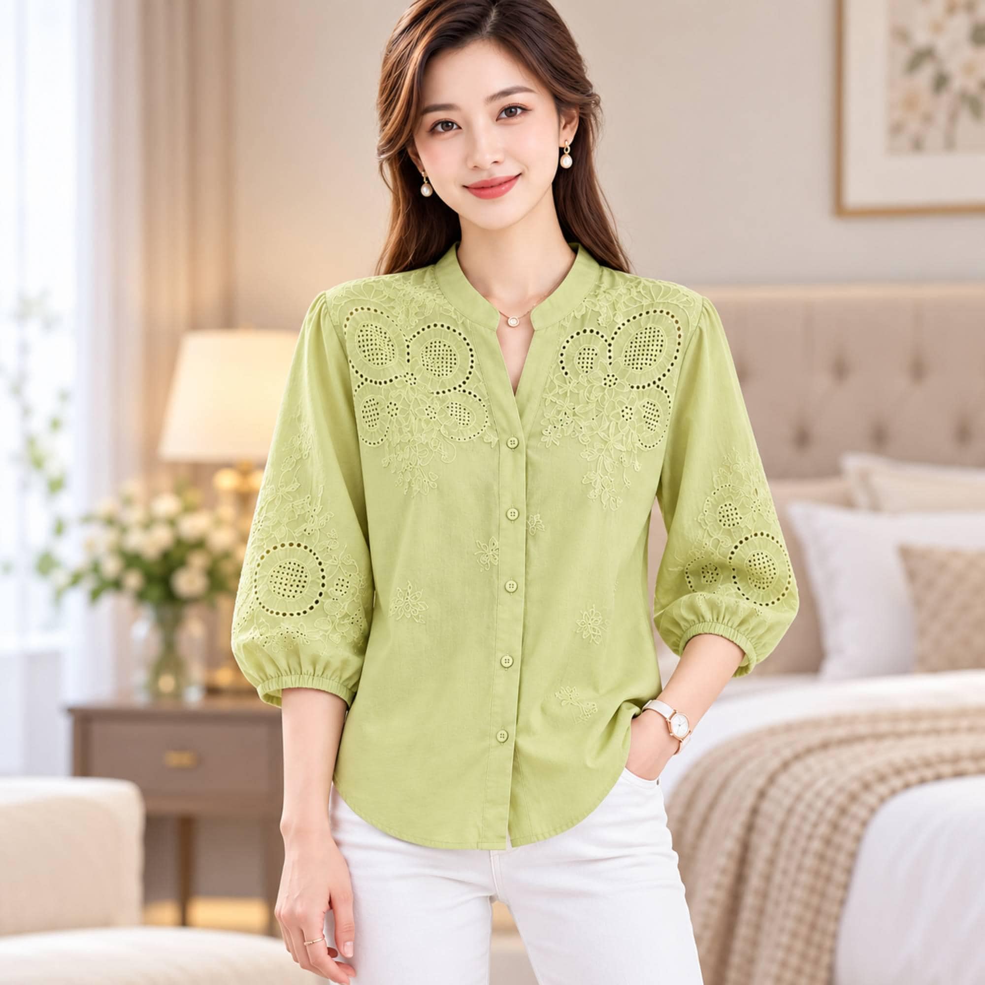 Women's Embroidered Cotton Blouse, Floral Eyelet Button Down Top with Puff Sleeves - image 4