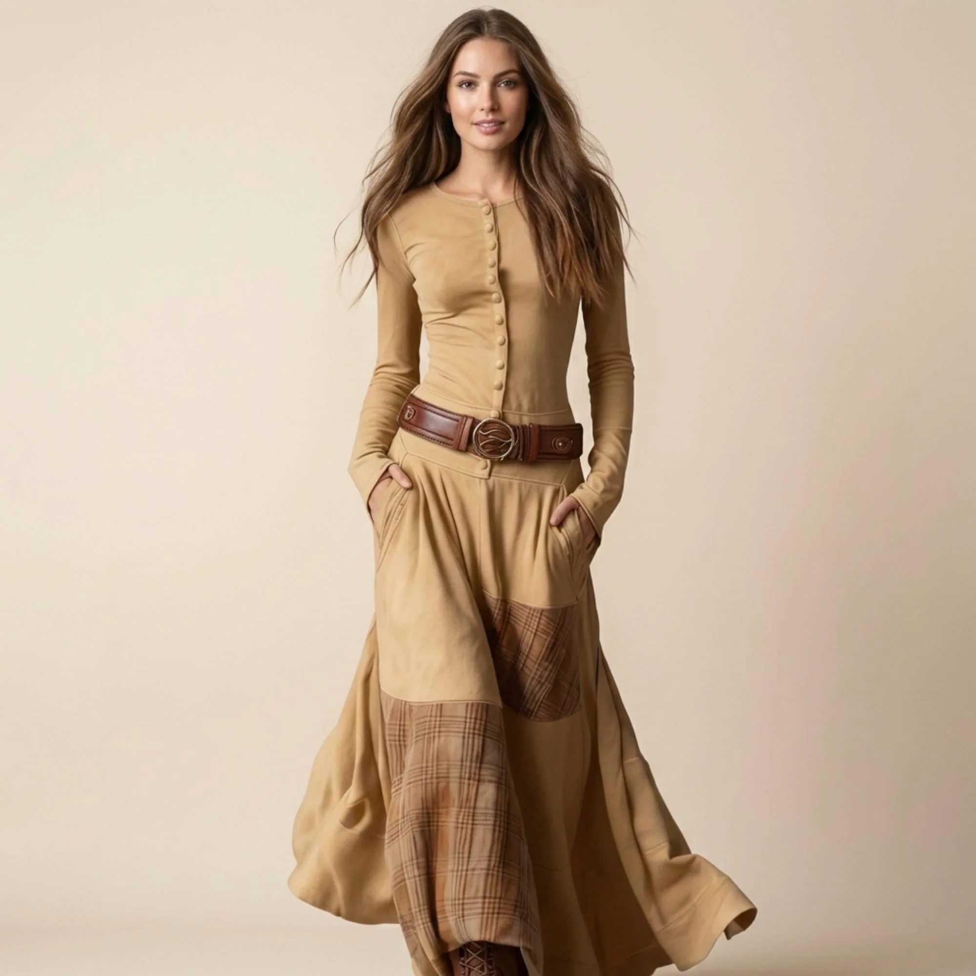Boho Plaid Patchwork Maxi Dress, Long Sleeve, Belted Waist, Cottagecore Wear - image 5