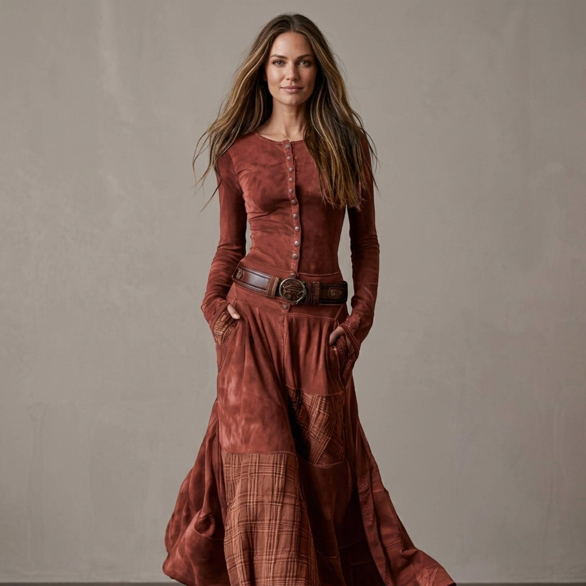 Boho Plaid Patchwork Maxi Dress, Long Sleeve, Belted Waist, Cottagecore Wear - image 4