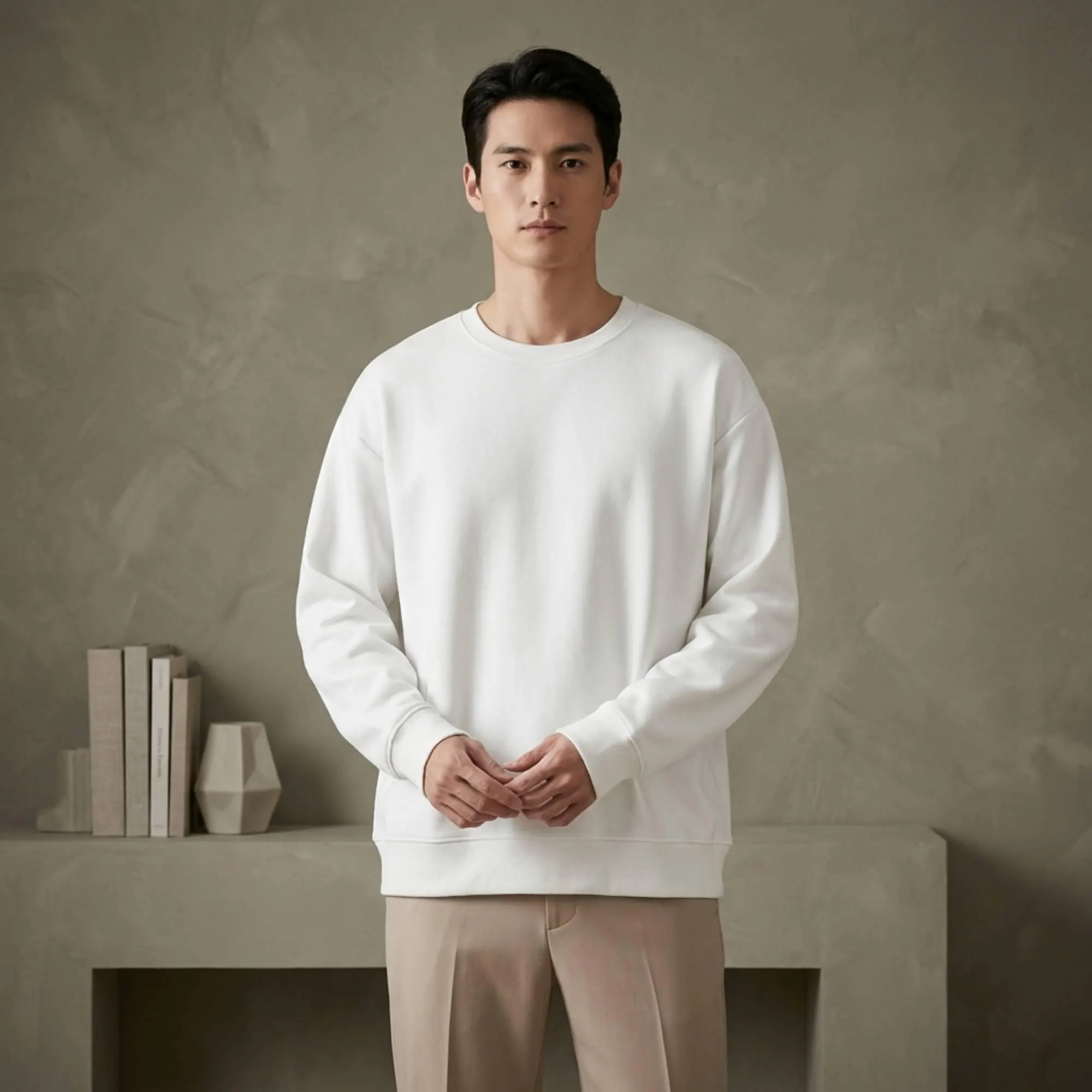 White Crewneck Sweatshirt, Men's Minimalist Pullover