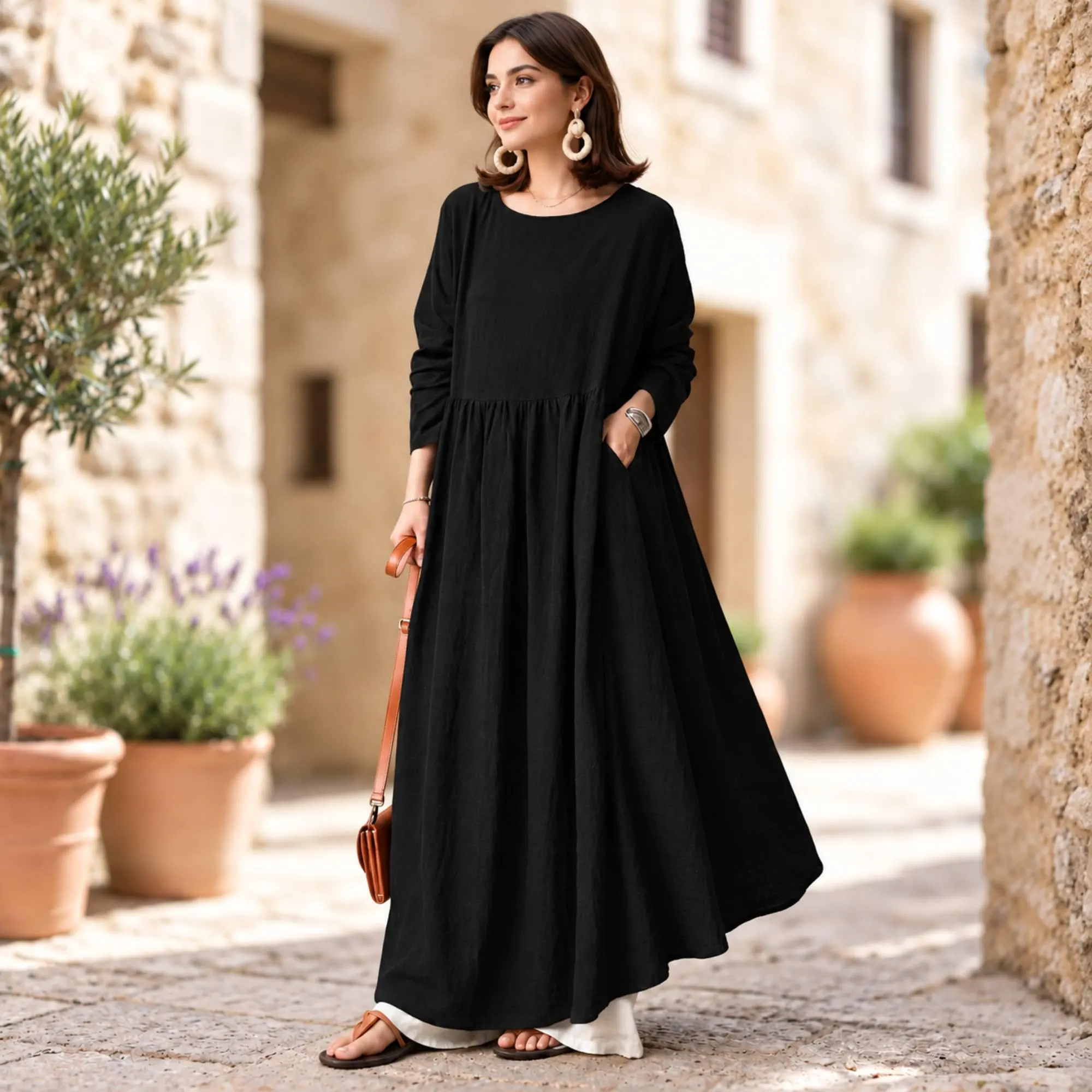 Women’s Cotton Blend Maxi Dress, Loose Fit Casual Boho Long Dress