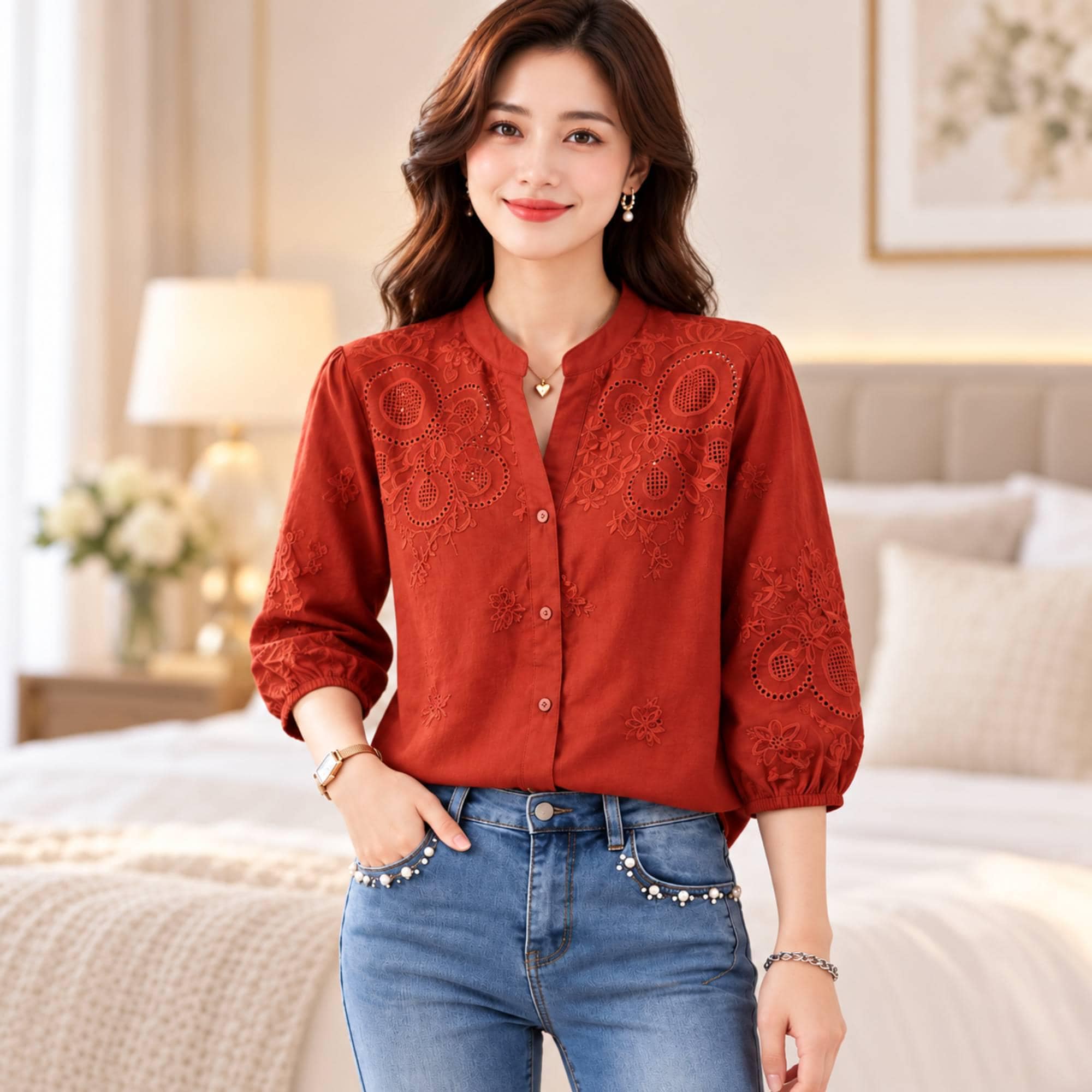 Women's Embroidered Cotton Blouse, Floral Eyelet Button Down Top with Puff Sleeves