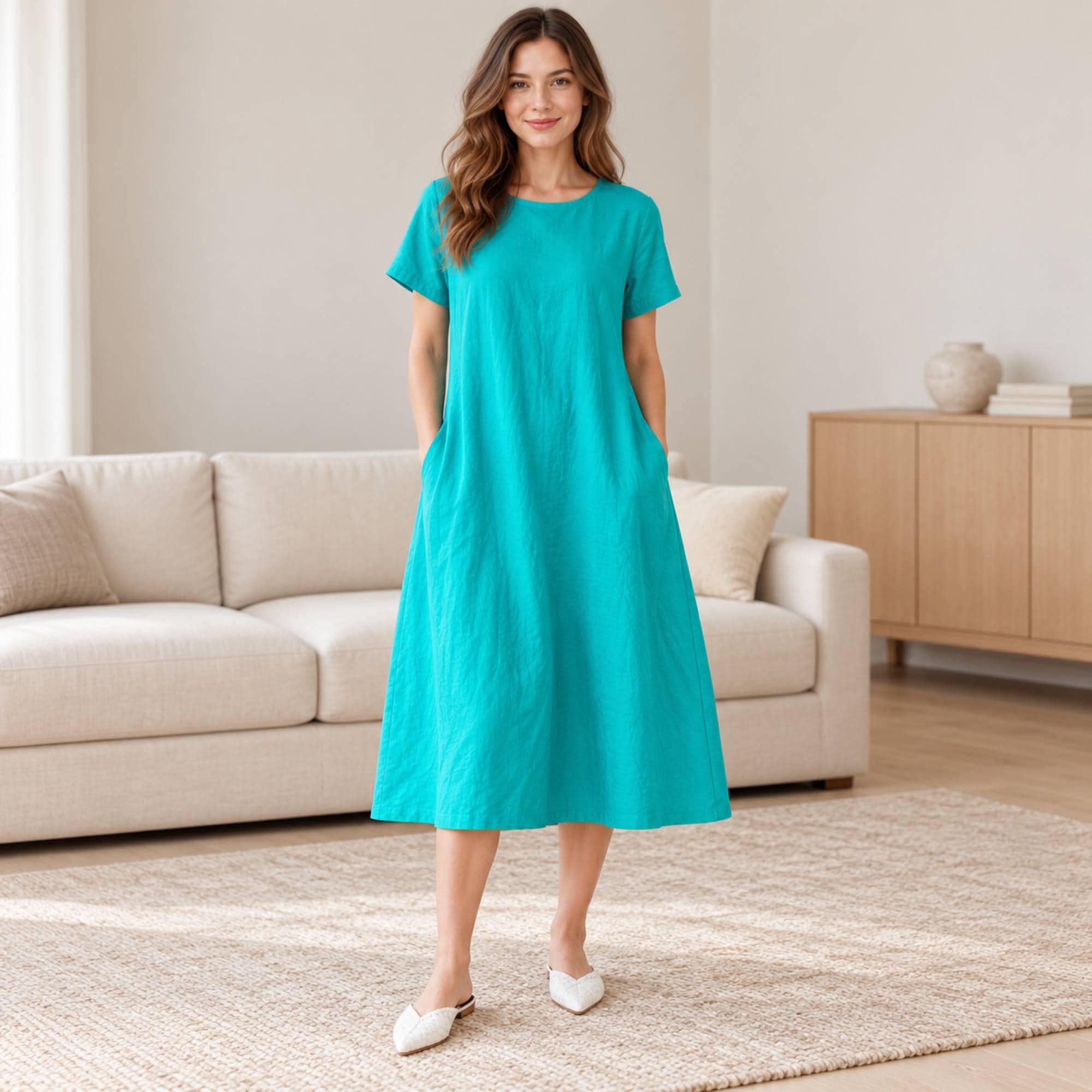 Women’s Casual Midi Dress with Pockets, Short Sleeve Relaxed Fit Summer Dress - image 4
