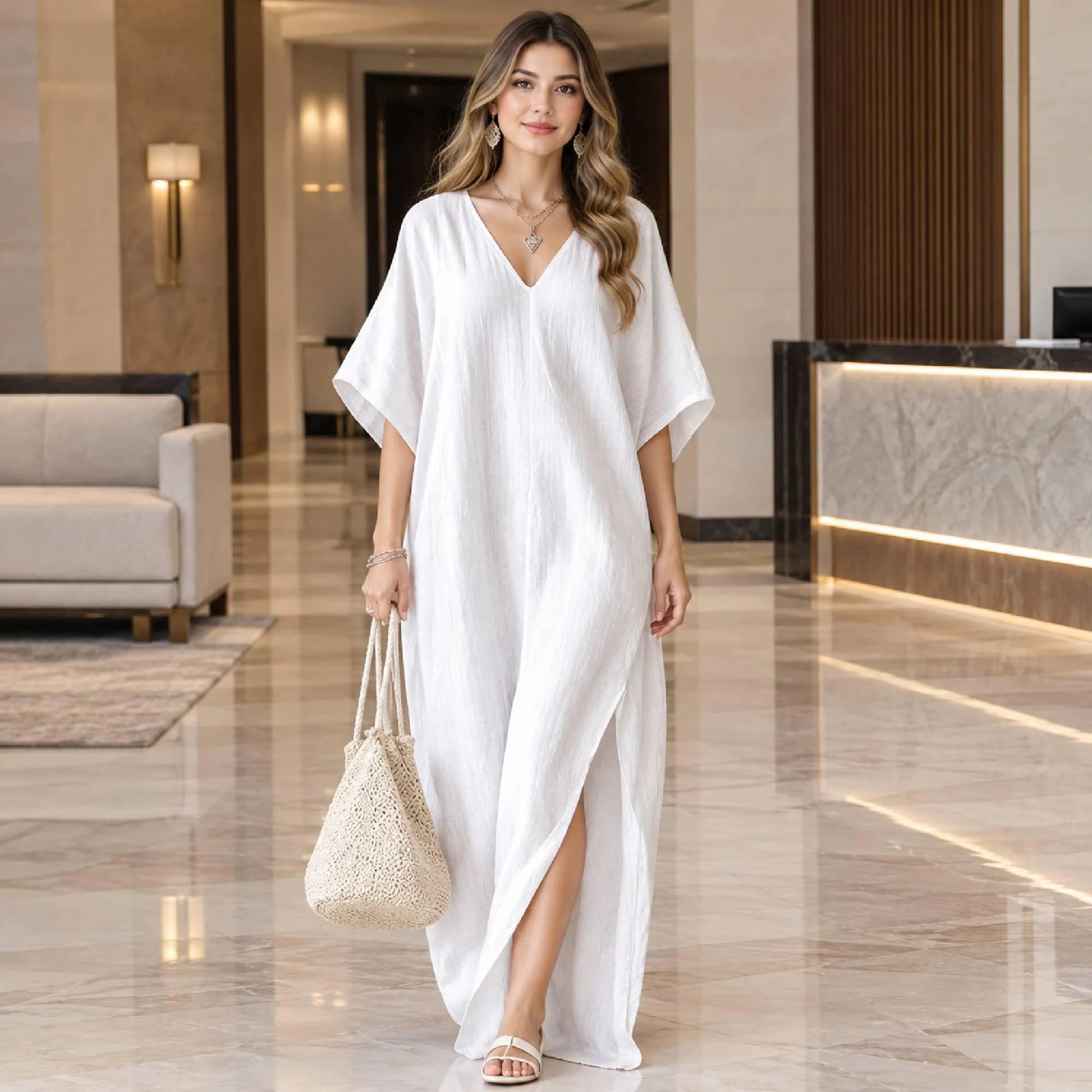 Women’s V Neck Kaftan Maxi Dress, Loose Batwing Sleeve Boho Summer Beach Cover Up - image 4