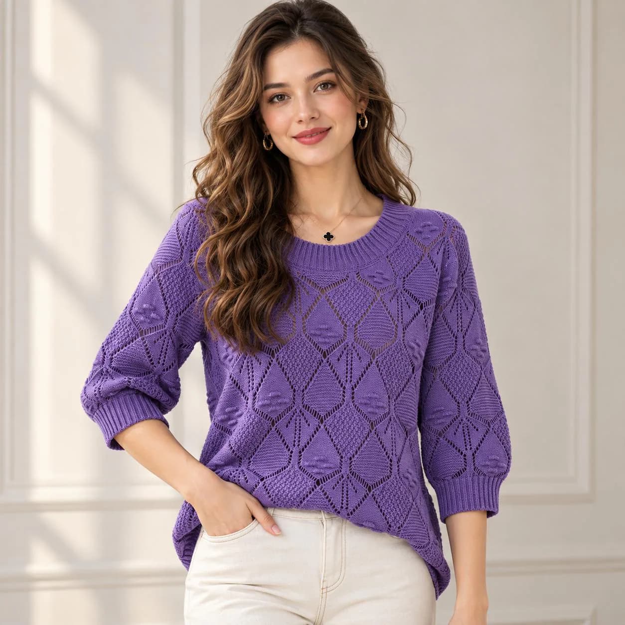 Women’s Openwork Knit Top, Crew Neck 3/4 Sleeve Pullover Sweater - image 4