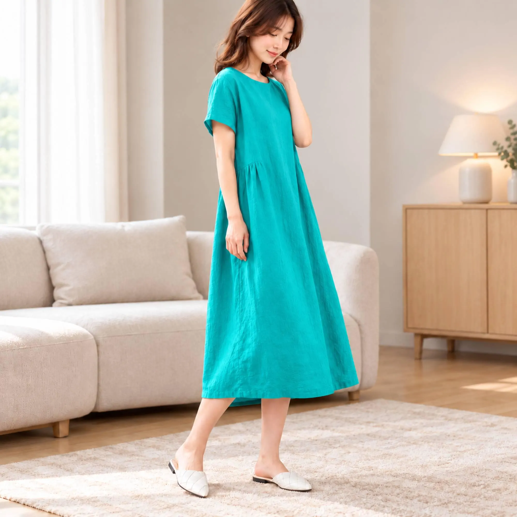 Women’s Casual Midi Dress with Pockets, Short Sleeve Relaxed Fit Summer Dress - image 5