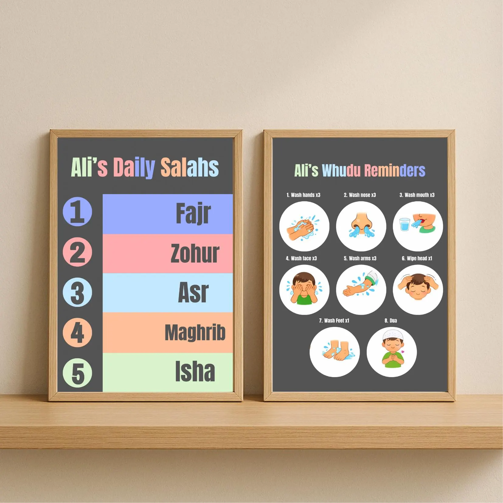 Personalised Children’s Salah reminders and Whudhu Reminders.