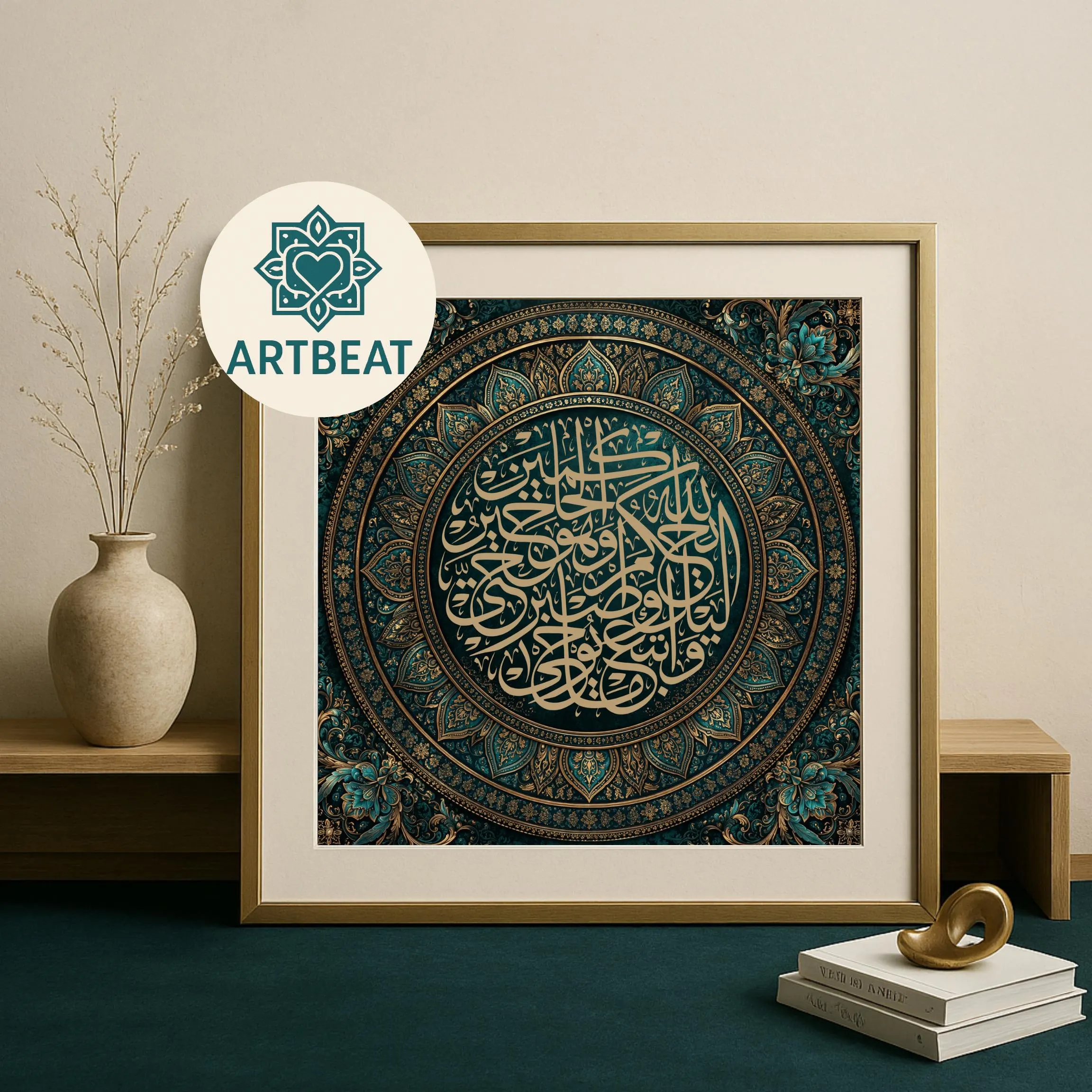 Islamic Calligraphy Wall Art Surah Yunus Ayat 109, teal and gold square printable - image 3