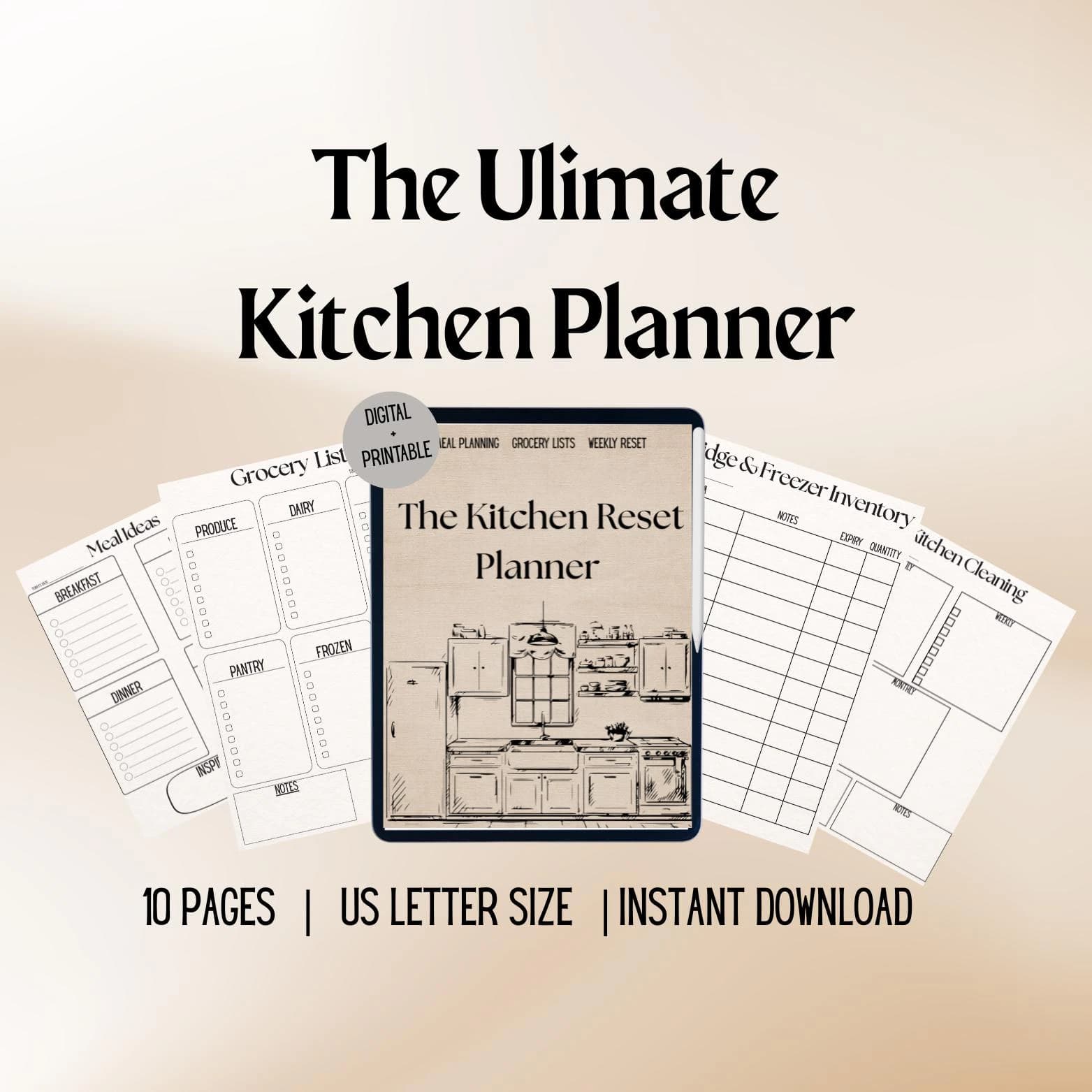 Kitchen Reset Planner | Meal, Grocery, Pantry, Cleaning Checklist (Digital Download)