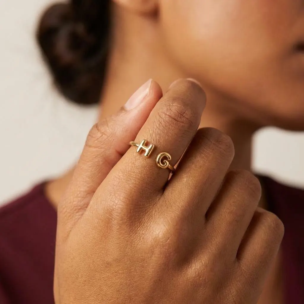 Dainty Initial Ring 925 Silver – Adjustable Gold Open Letter Ring, Minimal Everyday Jewelry Gift