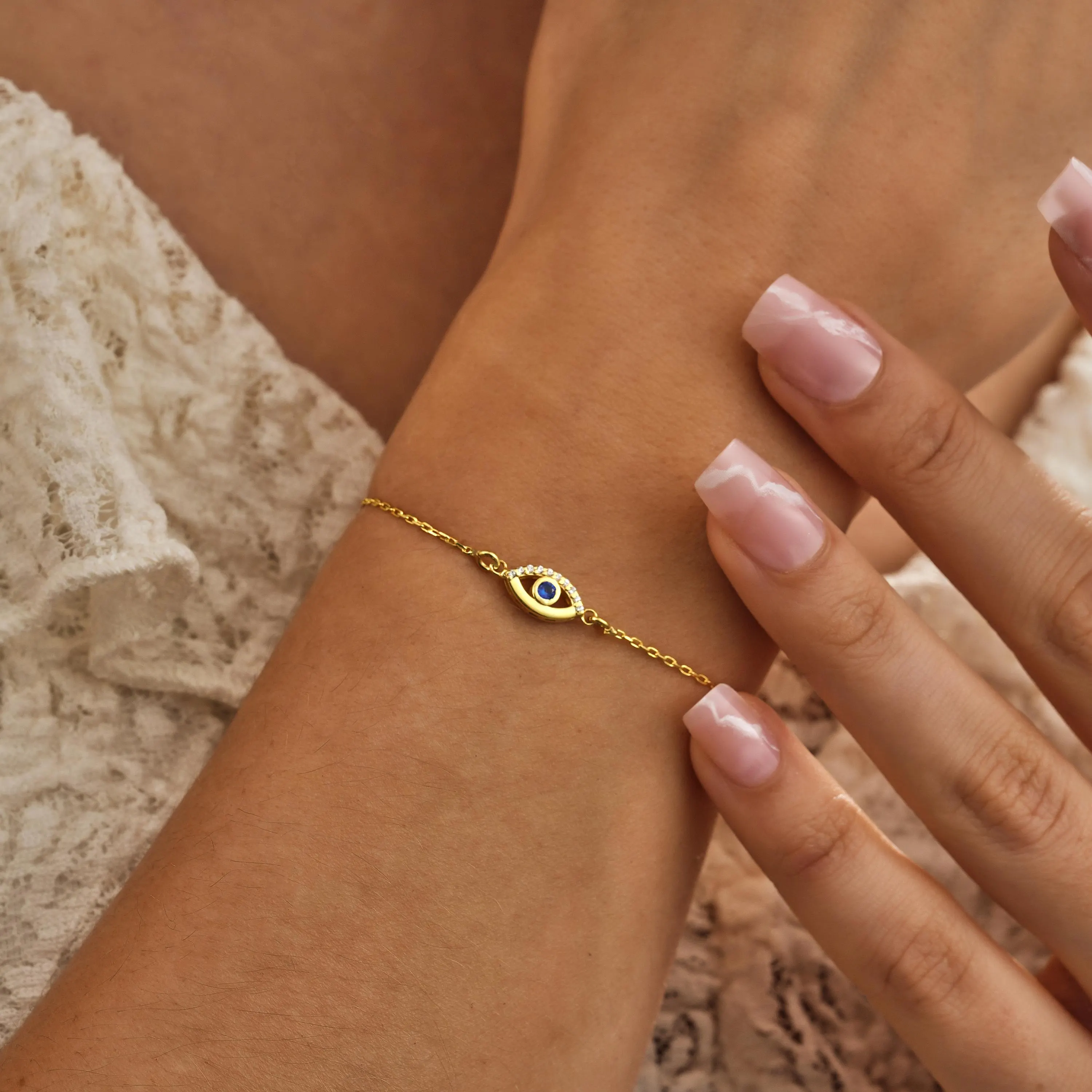 Dainty Evil Eye Bracelet Gold Plated Sterling Silver Protection Jewelry - image 4