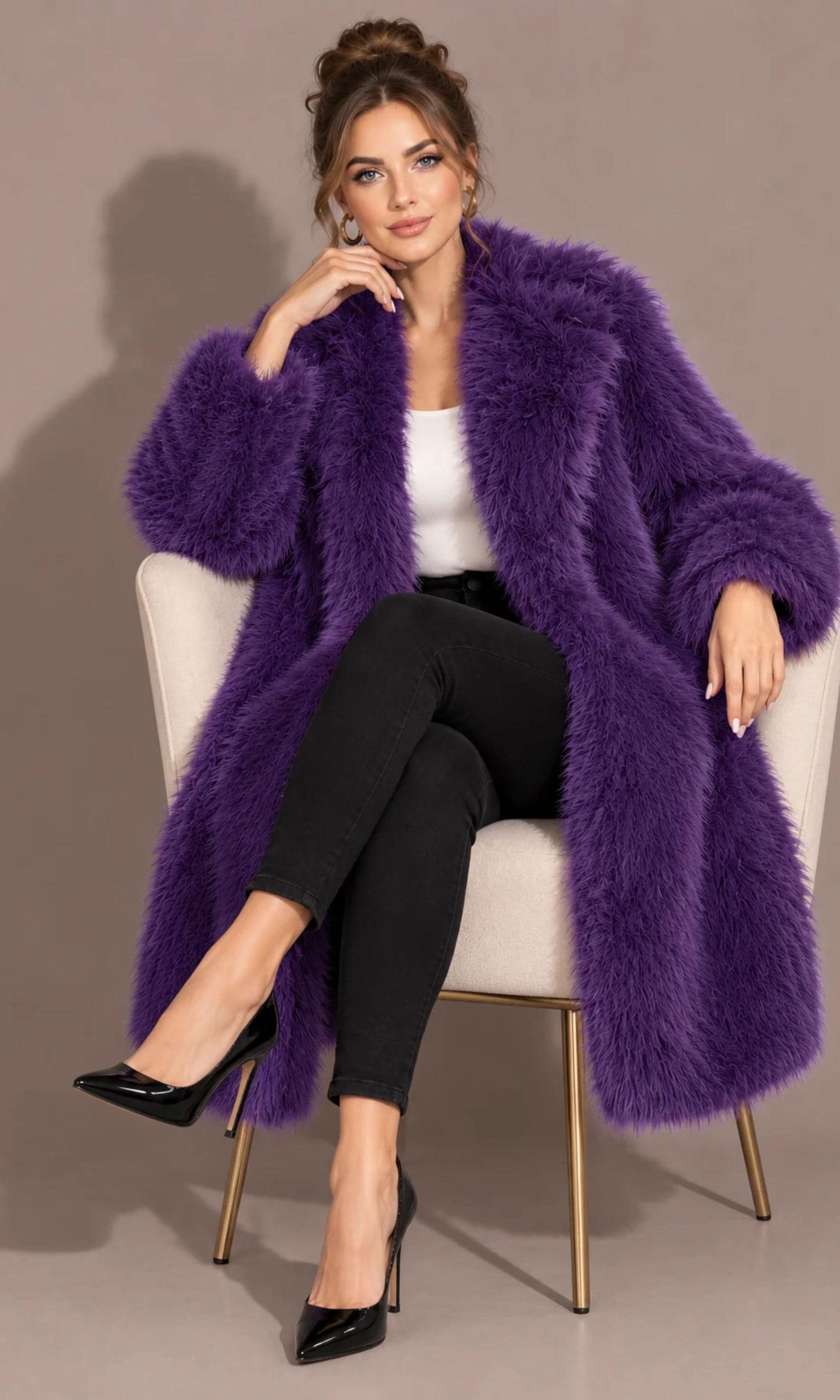 Luxury Burgundy Faux Fur Coat, Long Plush Winter Overcoat, Elegant Ladies Jacket - image 5