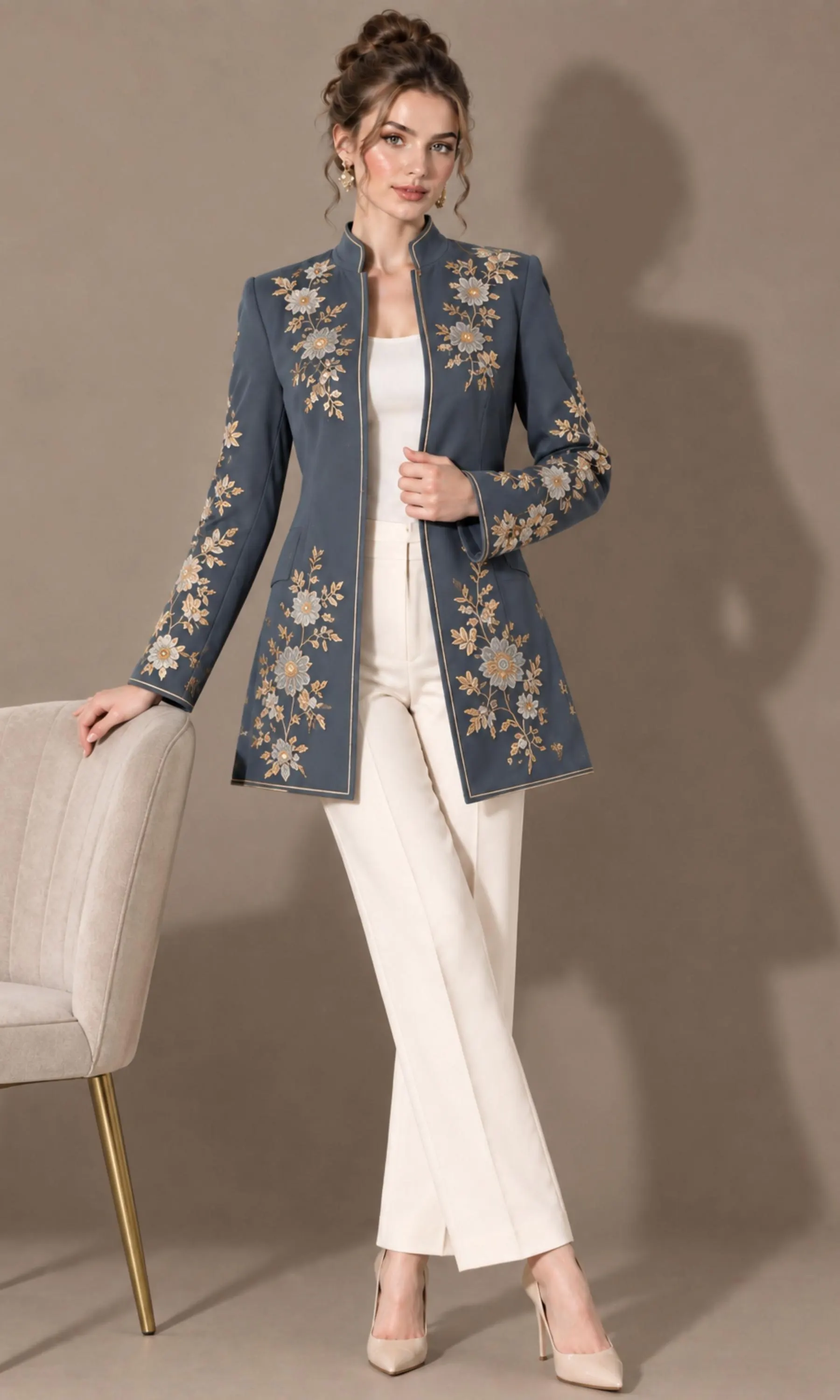 Women's Embroidered Blue Jacket, Floral Gold Embroidery, Longline Blazer, Formal Evening Wear - image 5