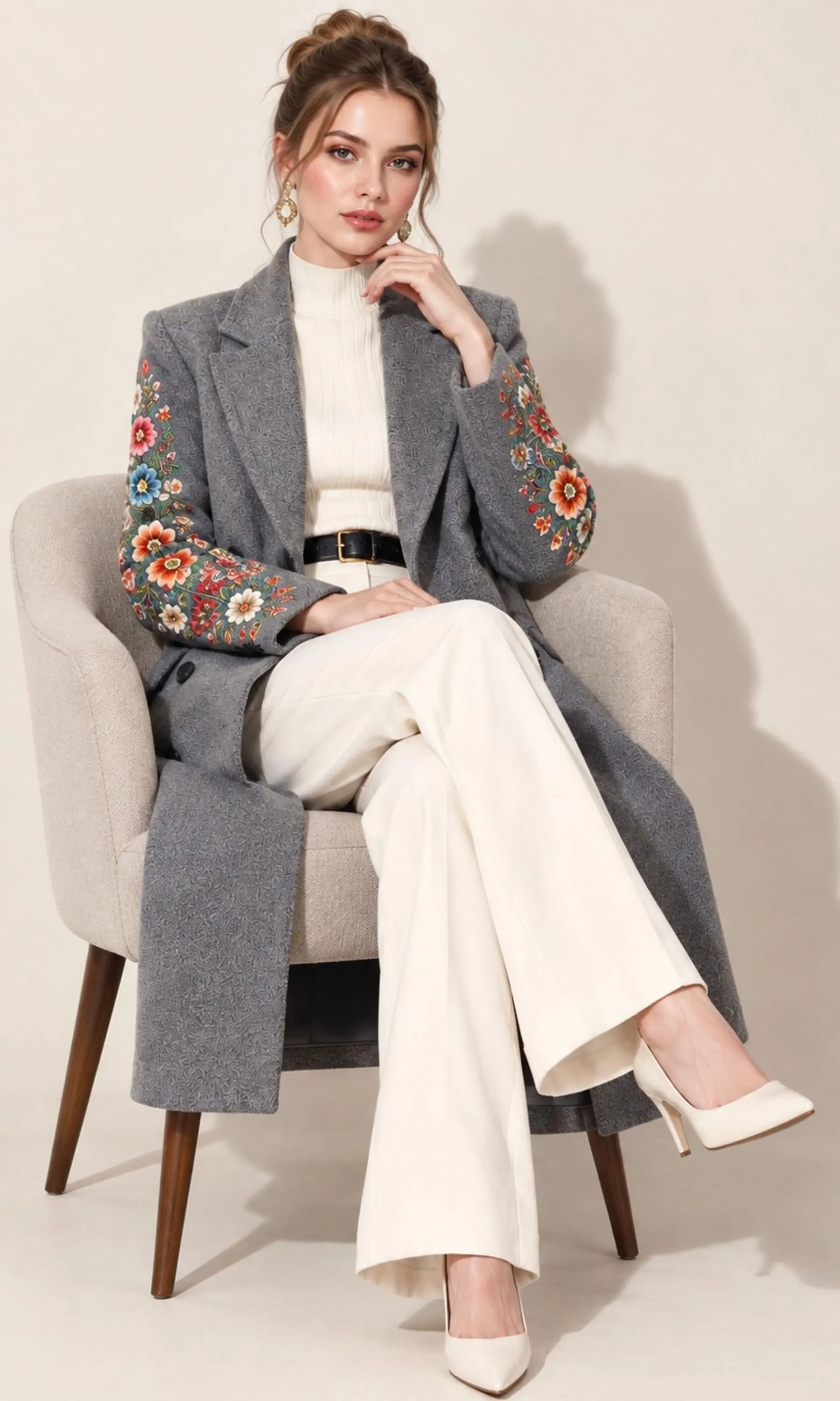 Women Embroidered Gray Coat, Double-Breasted Lapel Jacket, Mid-Length Fall Winter Outerwear, Elegant Long Suit Coat, Classic Holiday Fashion - image 5