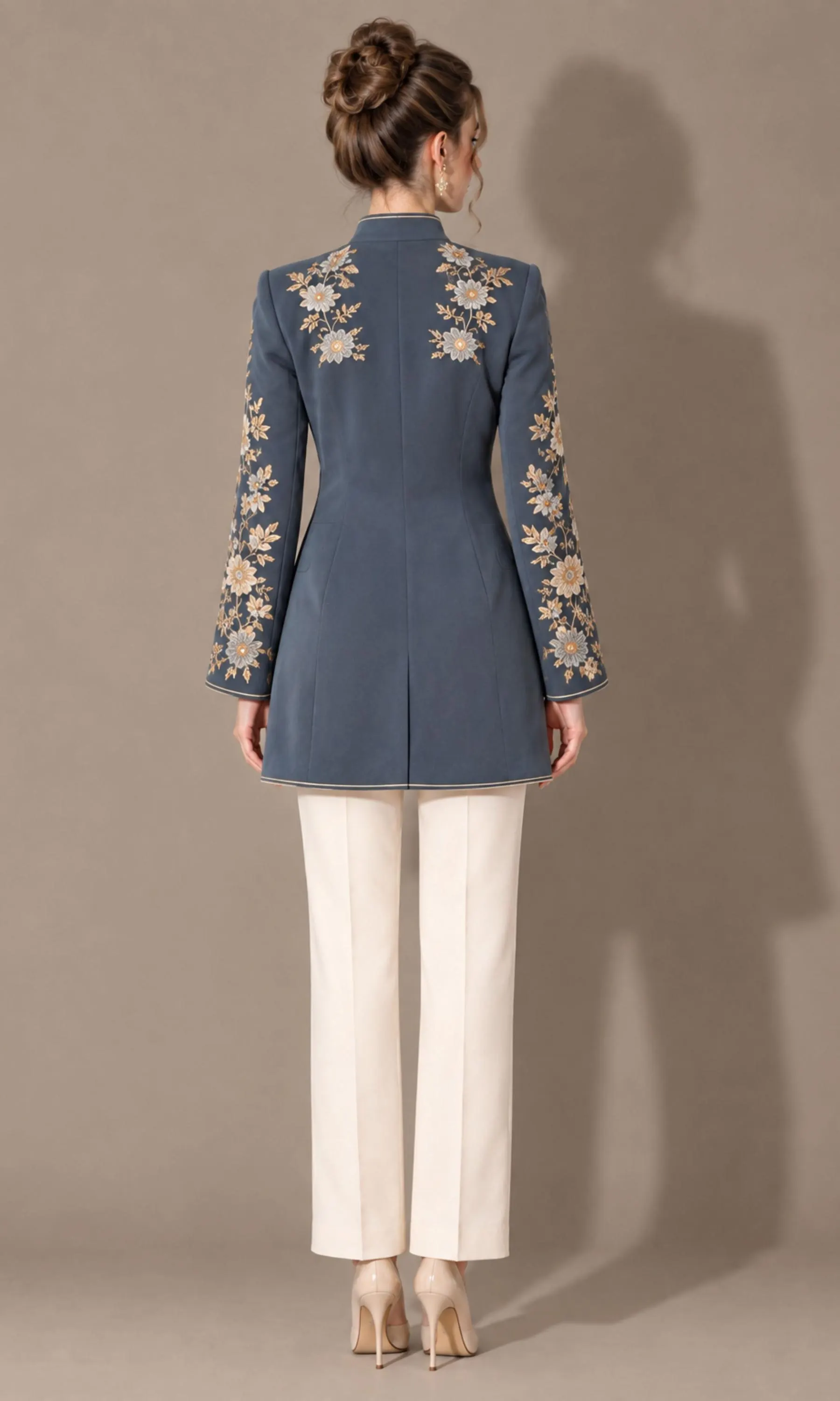 Women's Embroidered Blue Jacket, Floral Gold Embroidery, Longline Blazer, Formal Evening Wear - image 3