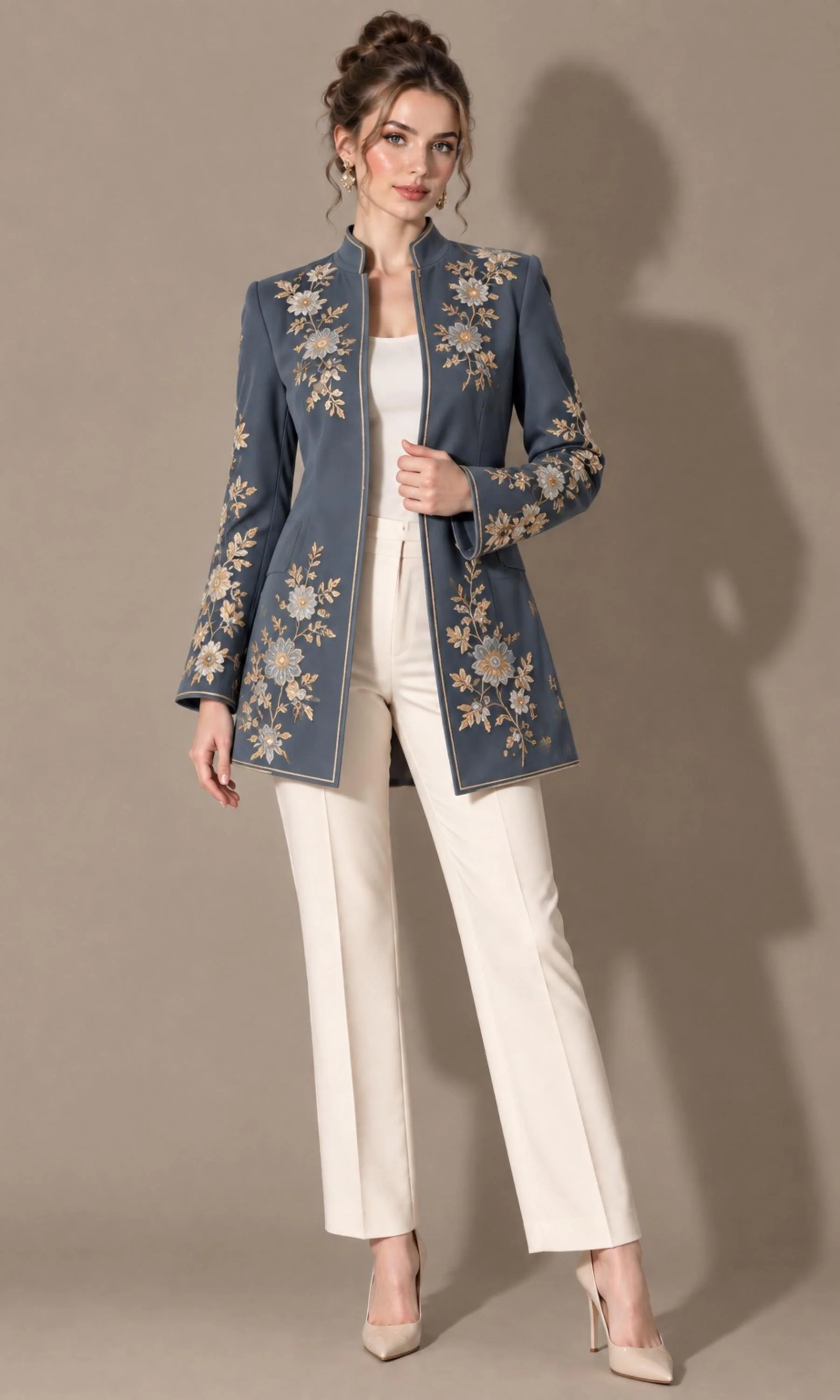Women's Embroidered Blue Jacket, Floral Gold Embroidery, Longline Blazer, Formal Evening Wear