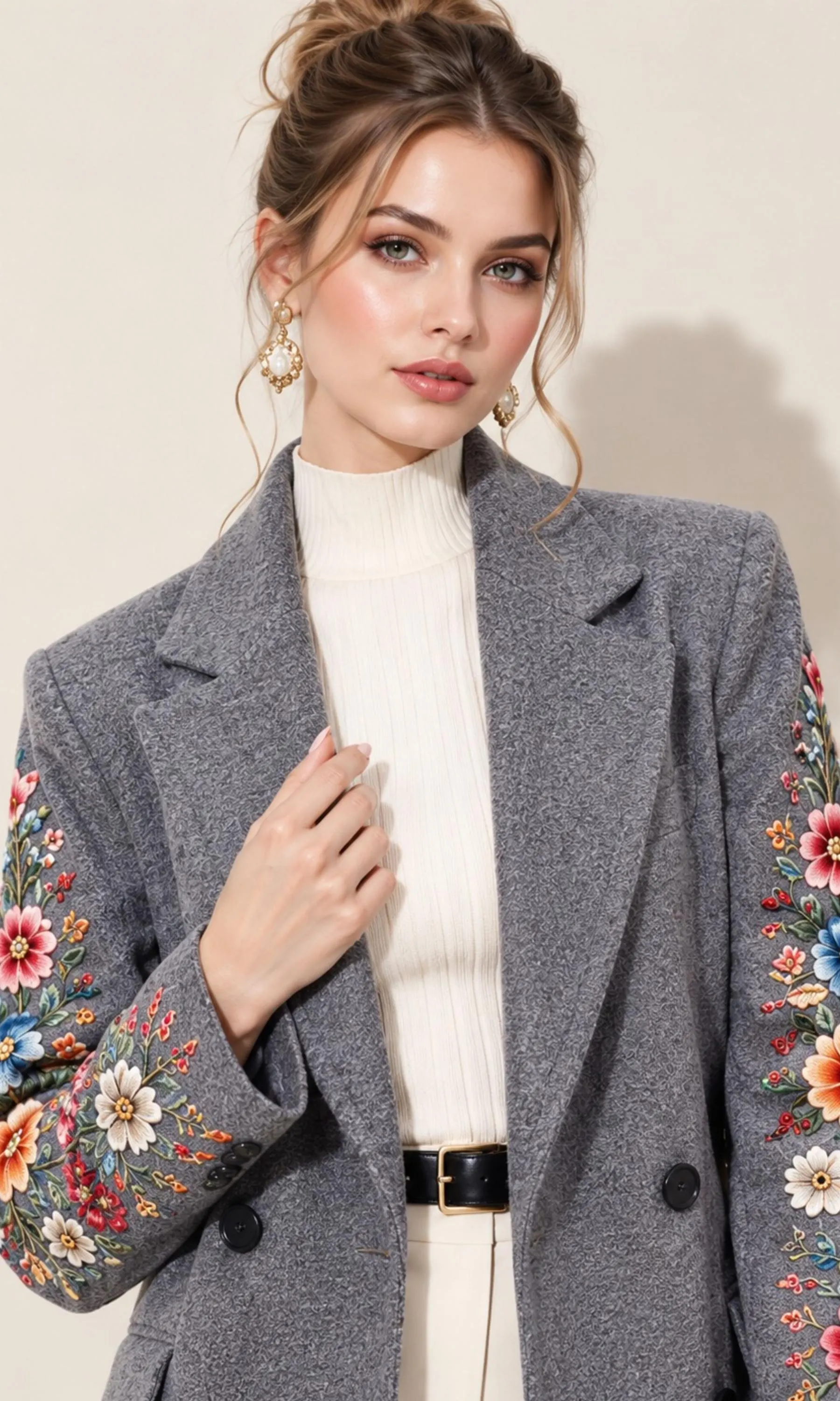 Women Embroidered Gray Coat, Double-Breasted Lapel Jacket, Mid-Length Fall Winter Outerwear, Elegant Long Suit Coat, Classic Holiday Fashion - image 4