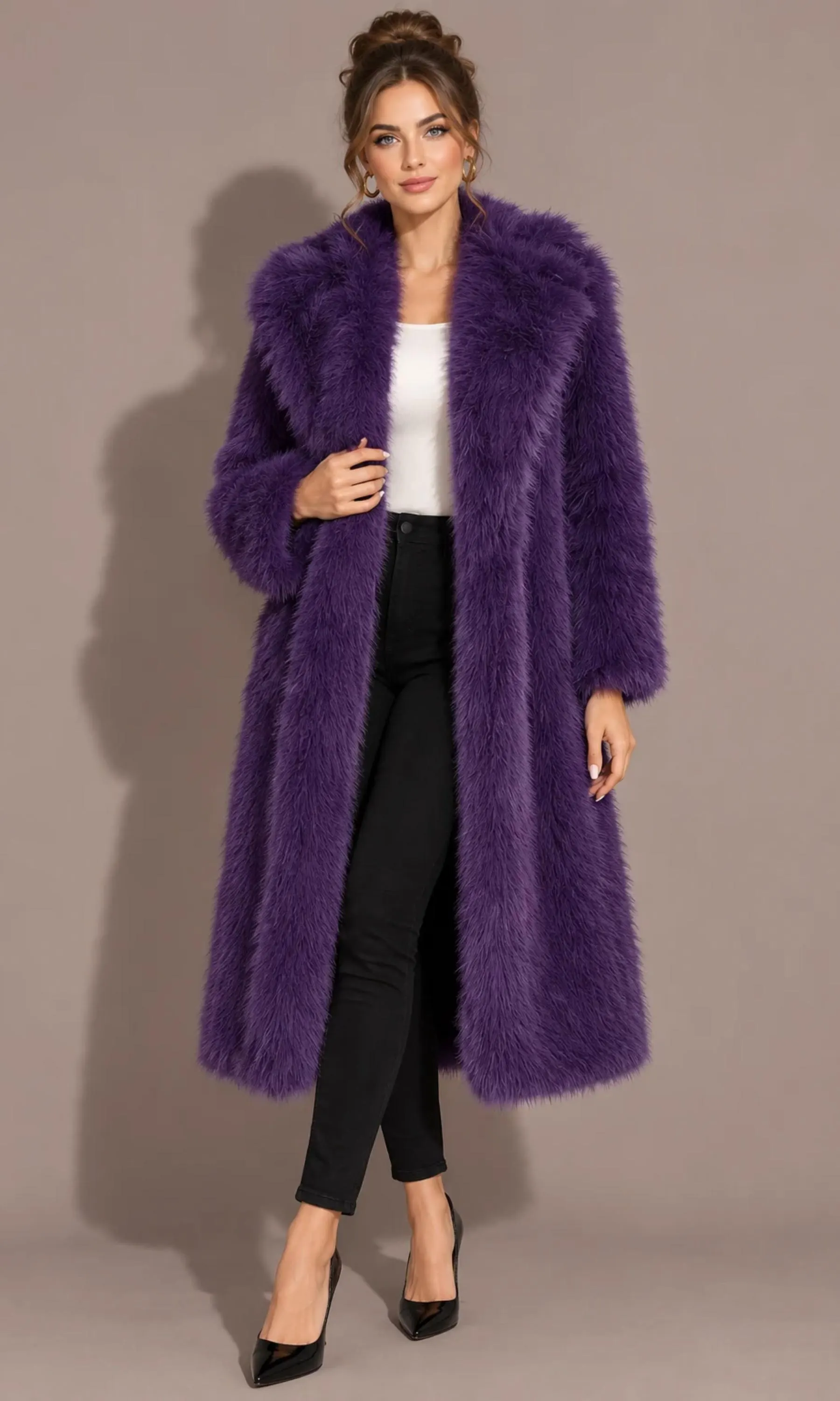 Luxury Burgundy Faux Fur Coat, Long Plush Winter Overcoat, Elegant Ladies Jacket