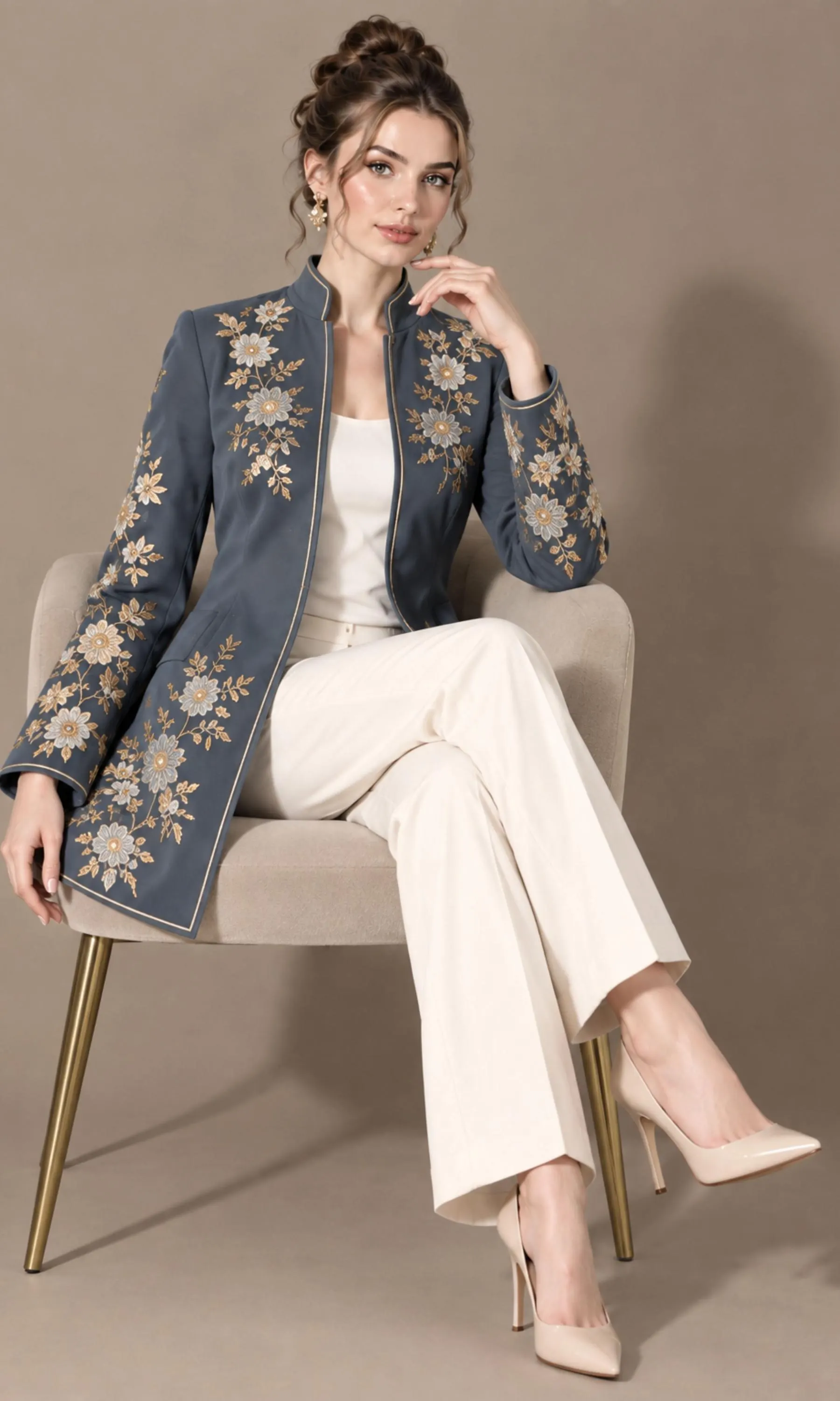 Women's Embroidered Blue Jacket, Floral Gold Embroidery, Longline Blazer, Formal Evening Wear - image 4