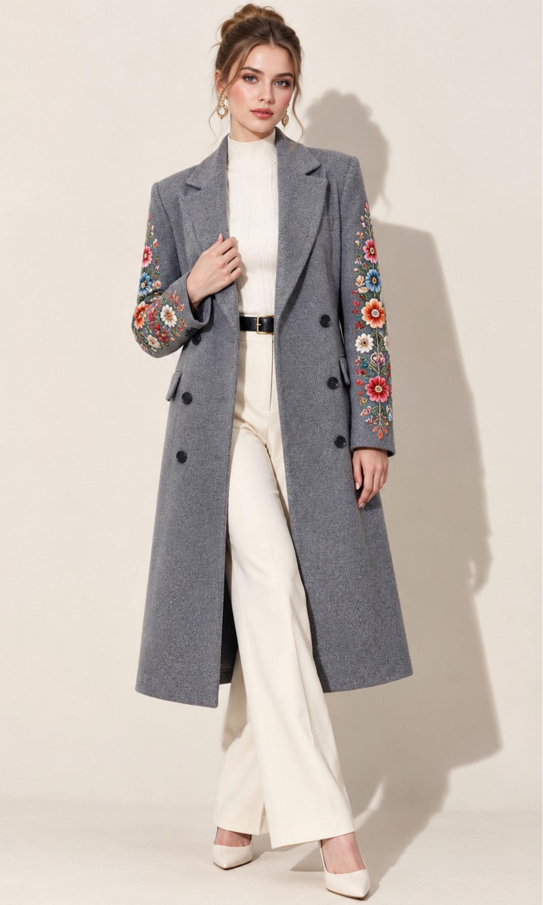 Women Embroidered Gray Coat, Double-Breasted Lapel Jacket, Mid-Length Fall Winter Outerwear, Elegant Long Suit Coat, Classic Holiday Fashion