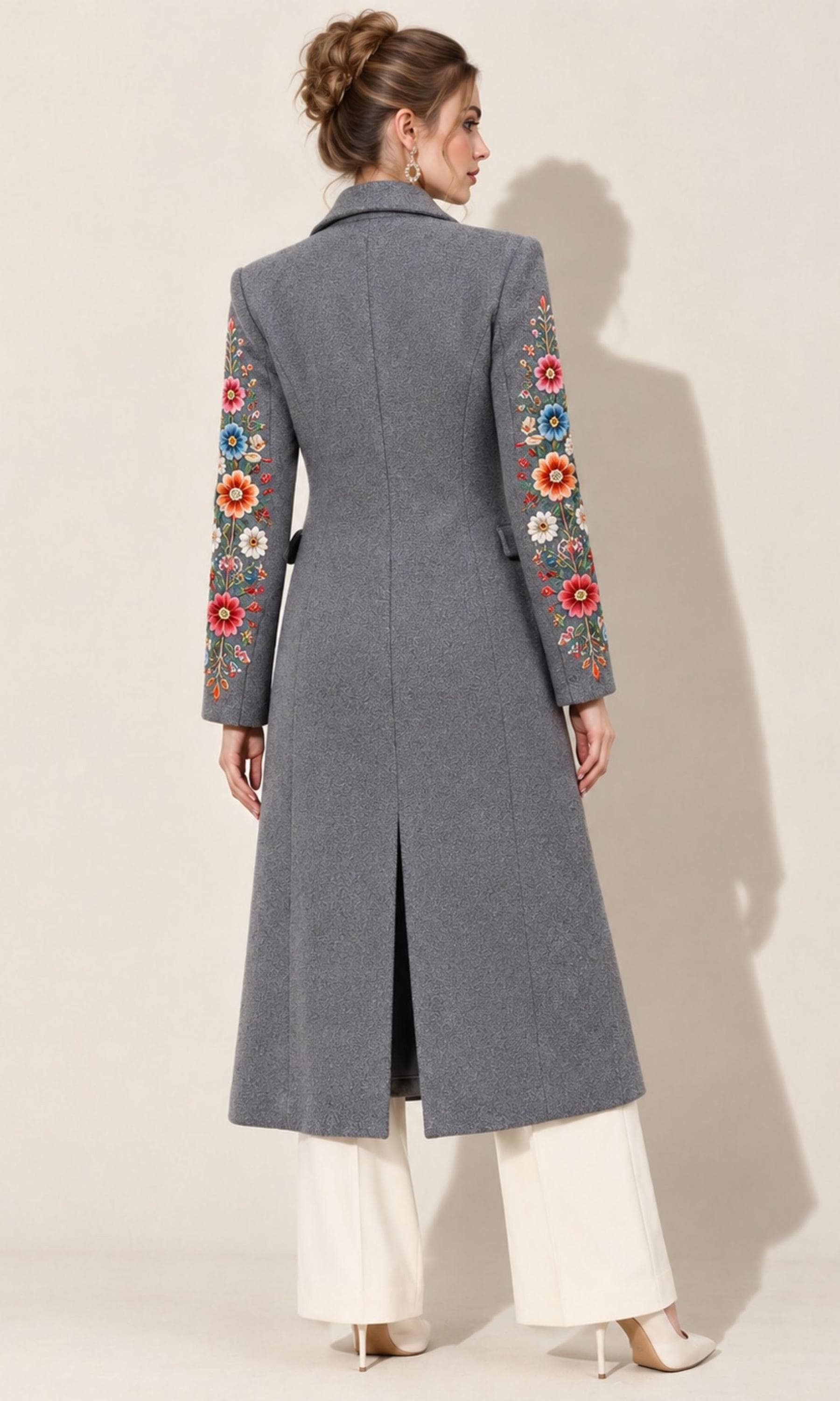 Women Embroidered Gray Coat, Double-Breasted Lapel Jacket, Mid-Length Fall Winter Outerwear, Elegant Long Suit Coat, Classic Holiday Fashion - image 3