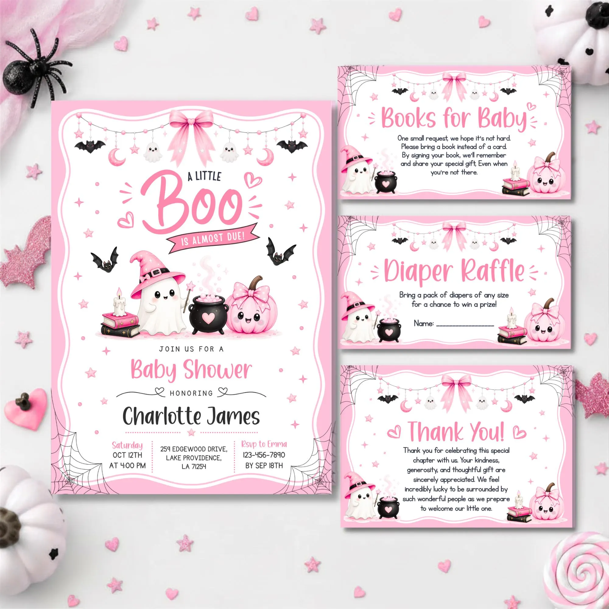 Little Boo Baby Shower Invitation Bundle, Girl Pink Halloween Baby Shower Invite Little Boo Is Almost Due Diaper Raffle Books Thank You Card
