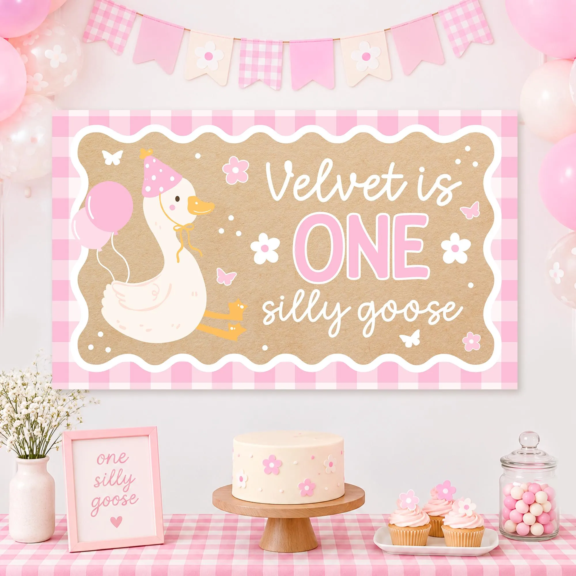 One Silly Goose Birthday Banner, Pink Gingham First Birthday Banner, Girl 1st Birthday Decor Cute DIY Painted Kraft Poster Canva 3x5ft 2x6ft