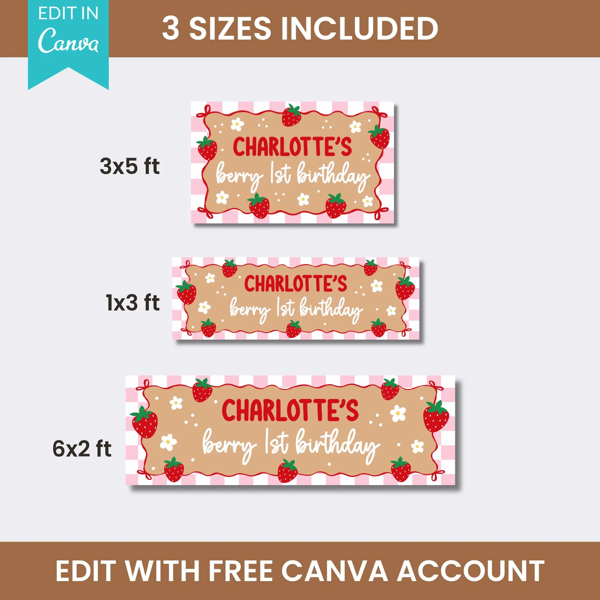 Strawberry Berry First Birthday Banner Editable Berry 1st Birthday Decor Pink Gingham Sweet One Party Decor Kraft Paper Party Backdrop Canva - image 4
