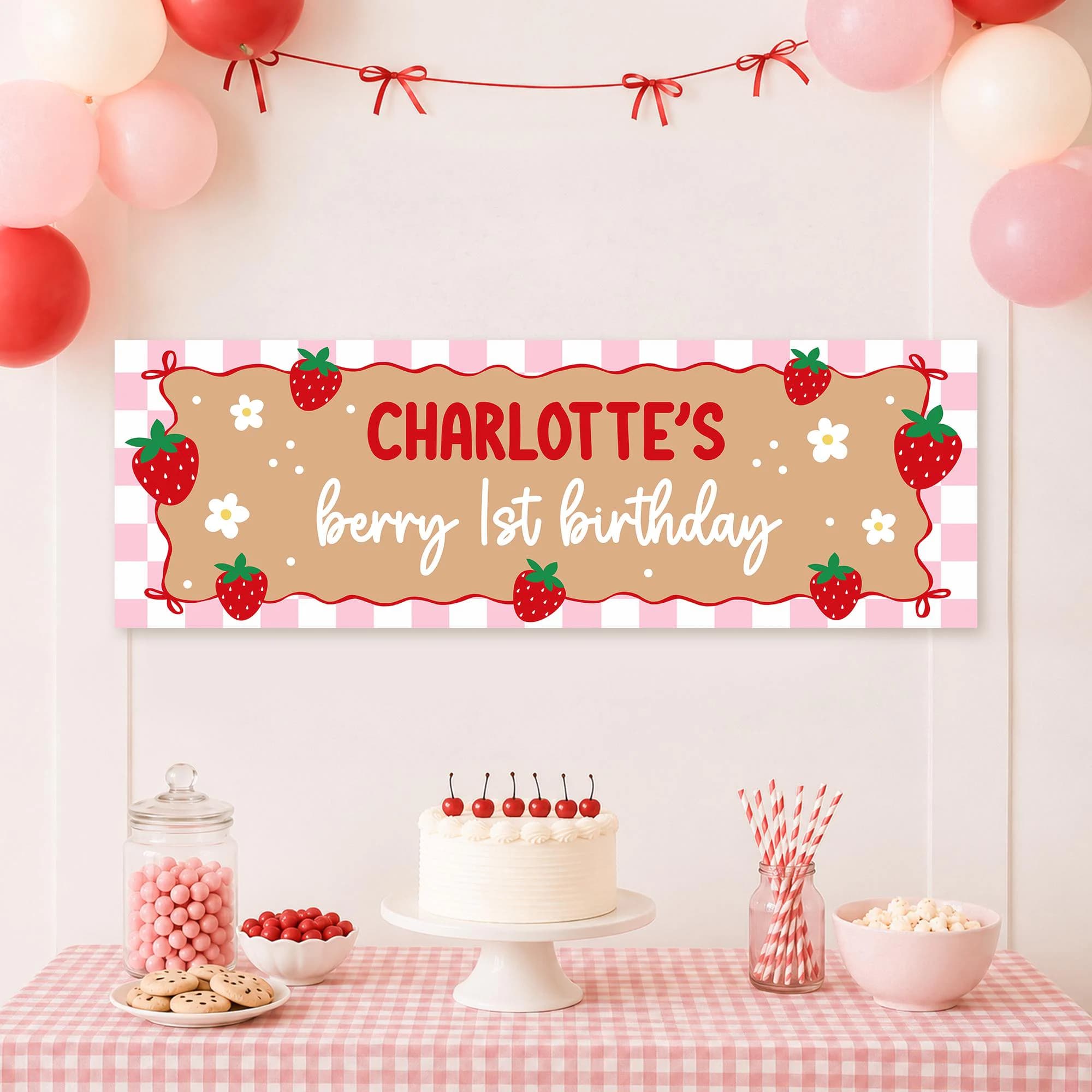 Strawberry Berry First Birthday Banner Editable Berry 1st Birthday Decor Pink Gingham Sweet One Party Decor Kraft Paper Party Backdrop Canva
