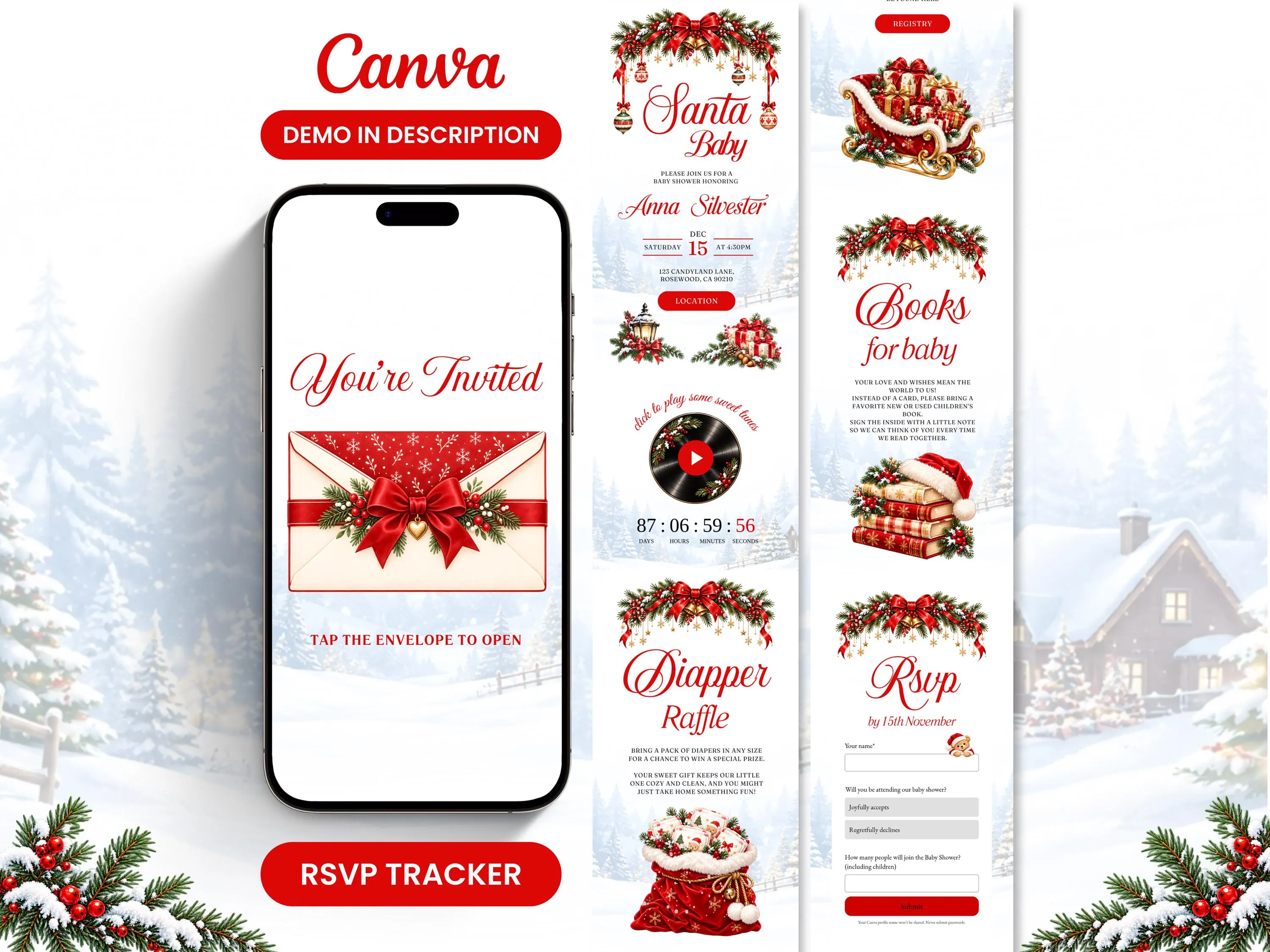 Santa Baby Shower Invitation Website with RSVP, Christmas Baby Shower, Santa Baby Shower, Winter baby shower, Merry Little baby shower Canva