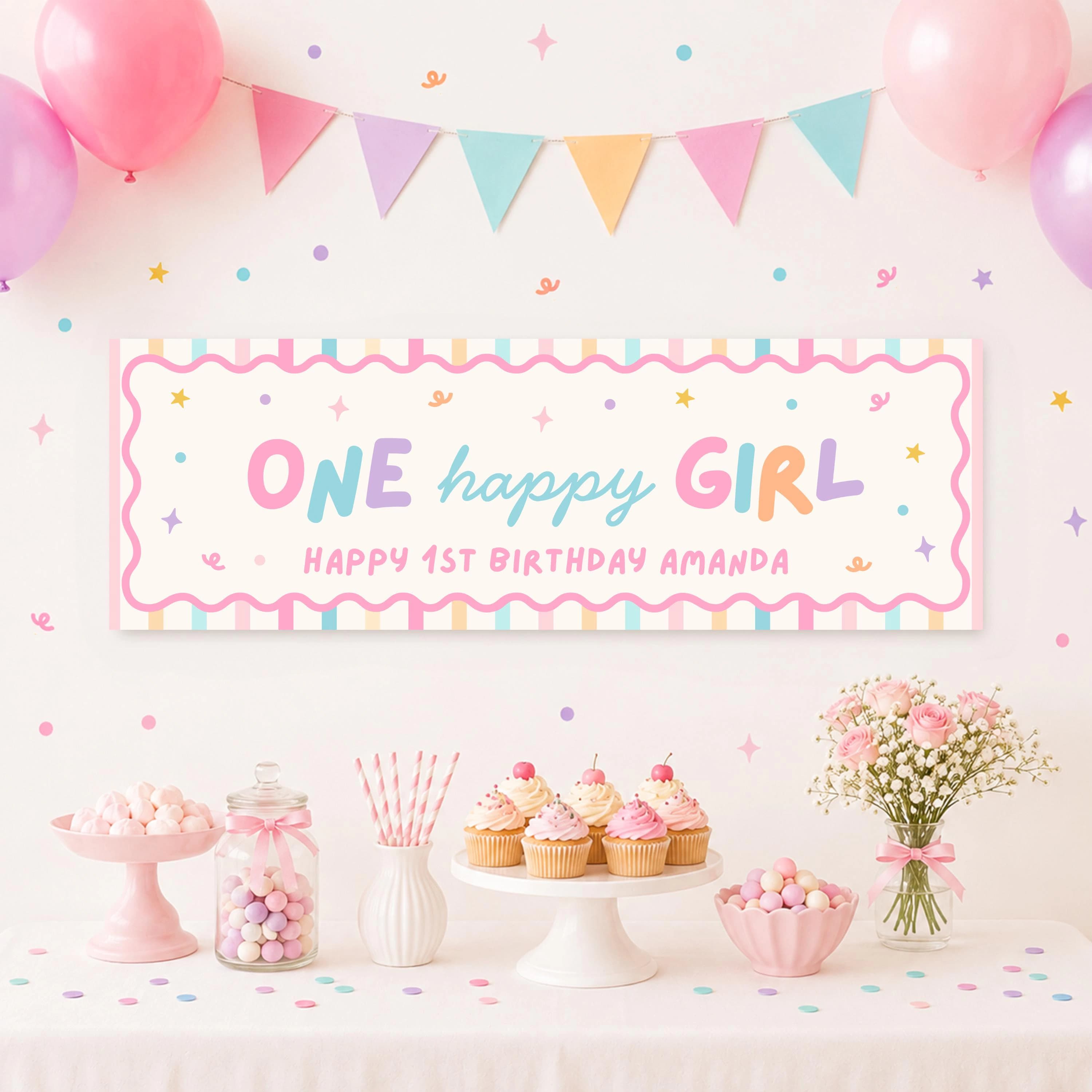 One Happy Girl Birthday Banner Girl 1st Birthday Sign Canva Editable Pastel Photo Backdrop 72x24 Wall Sign Fun Colorful Kids Party Decor - image 3