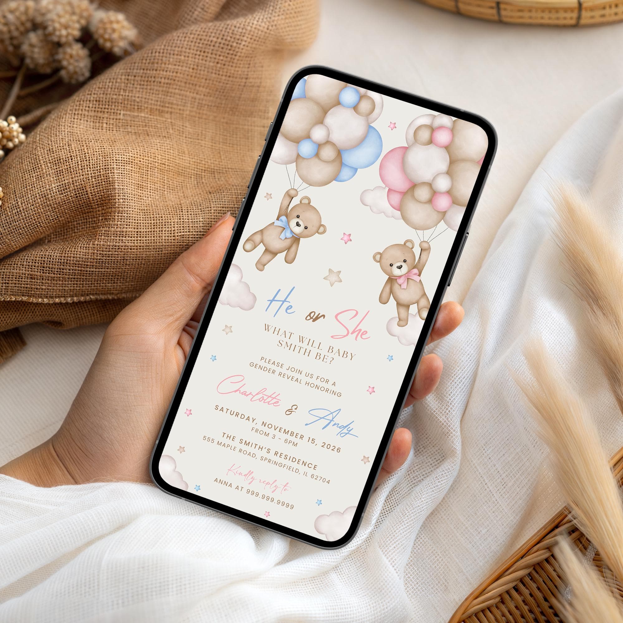 Bear Gender Reveal Evite Teddy Bear Digital Invitation Gender Reveal, Electronic Gender Reveal for Phone, He or She Editable Mobile Template - image 4