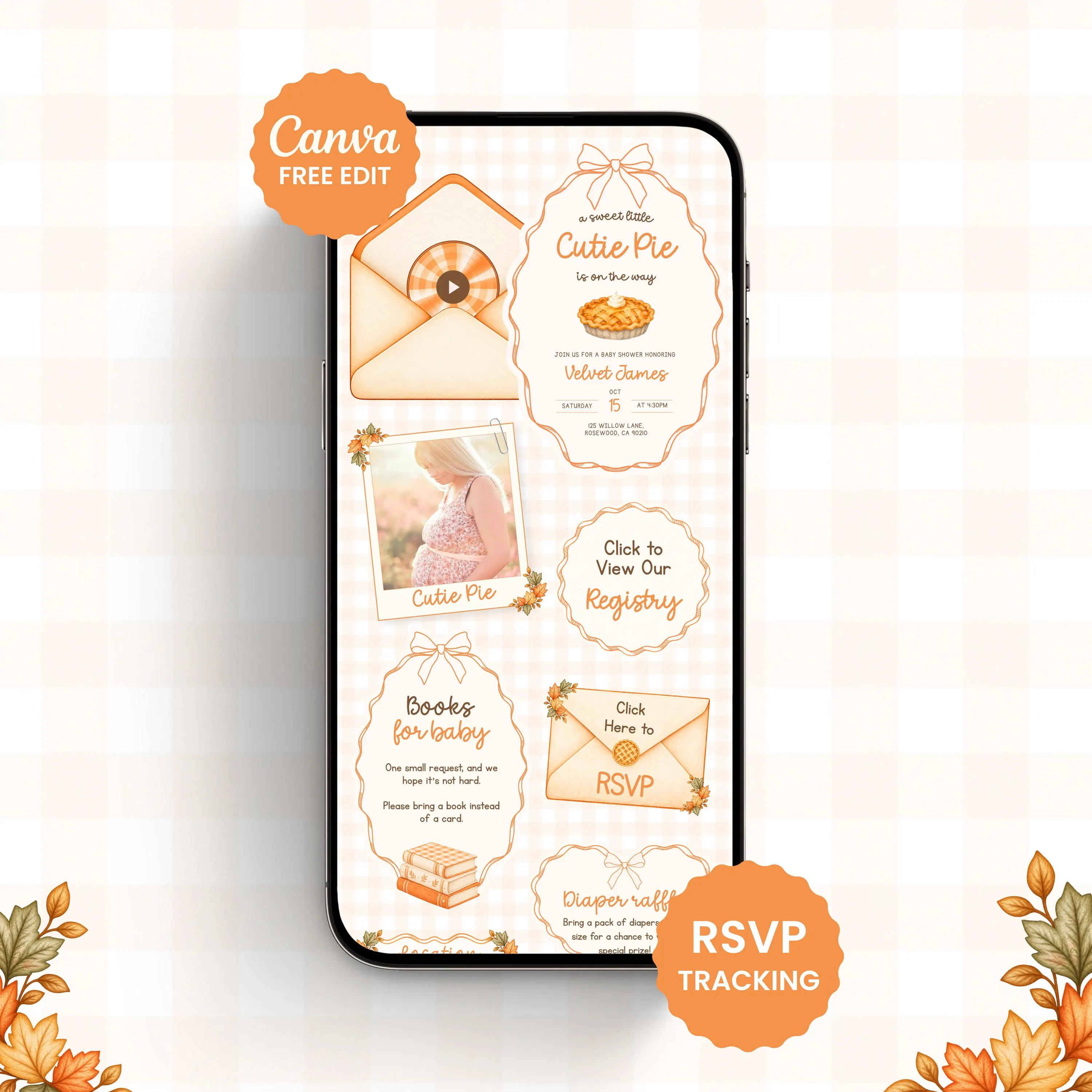 Cutie Pie Baby Shower Website Invitation, Fall Baby Shower editable Canva Invite, Trackable RSVP, Registry, Digital Fall Pie Baby Shower