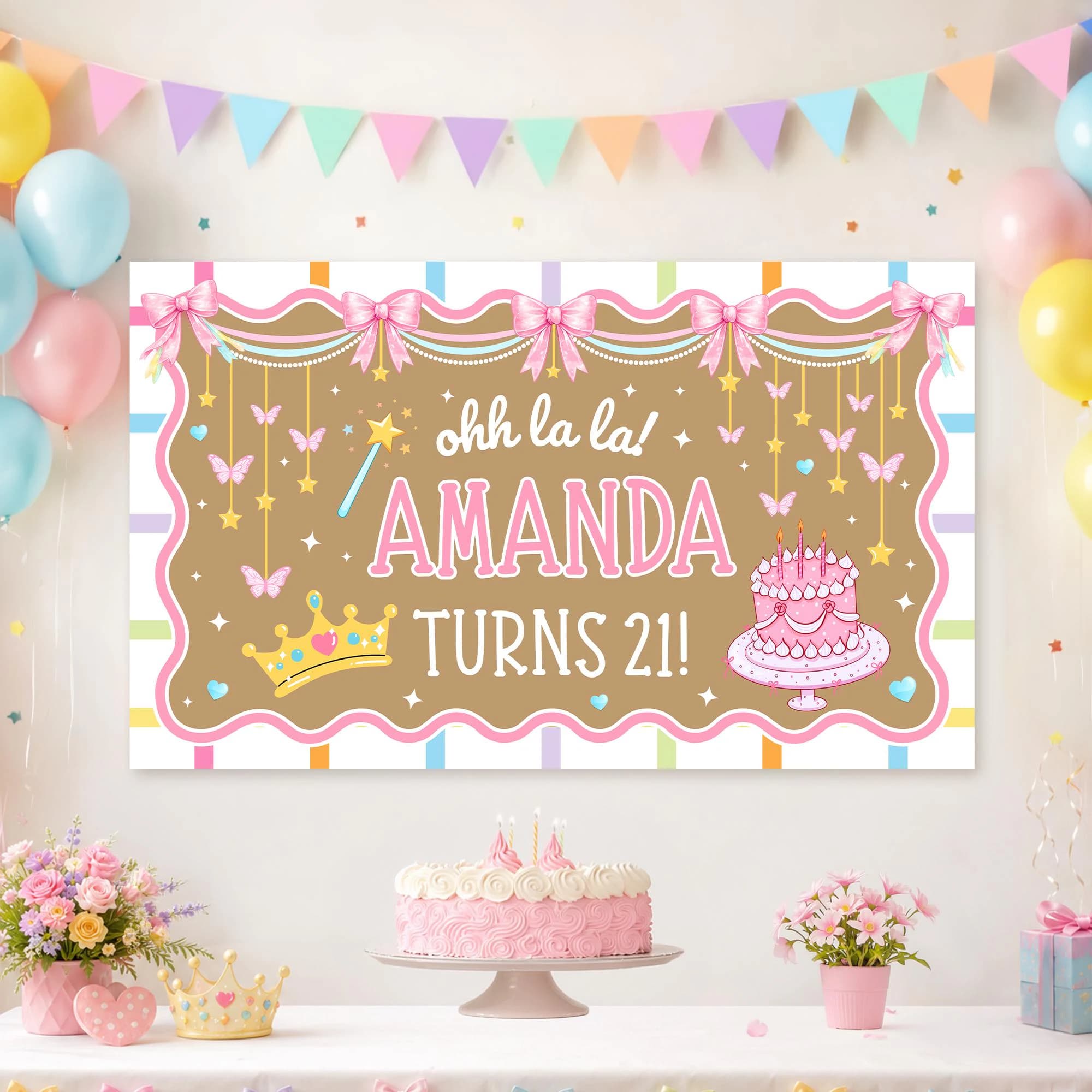 Fancy Coquette Birthday Banner Template, Oh La La Pink Bow Party Sign, Editable Canva Princess Backdrop, Girl Pastel Paris Glamour Decor