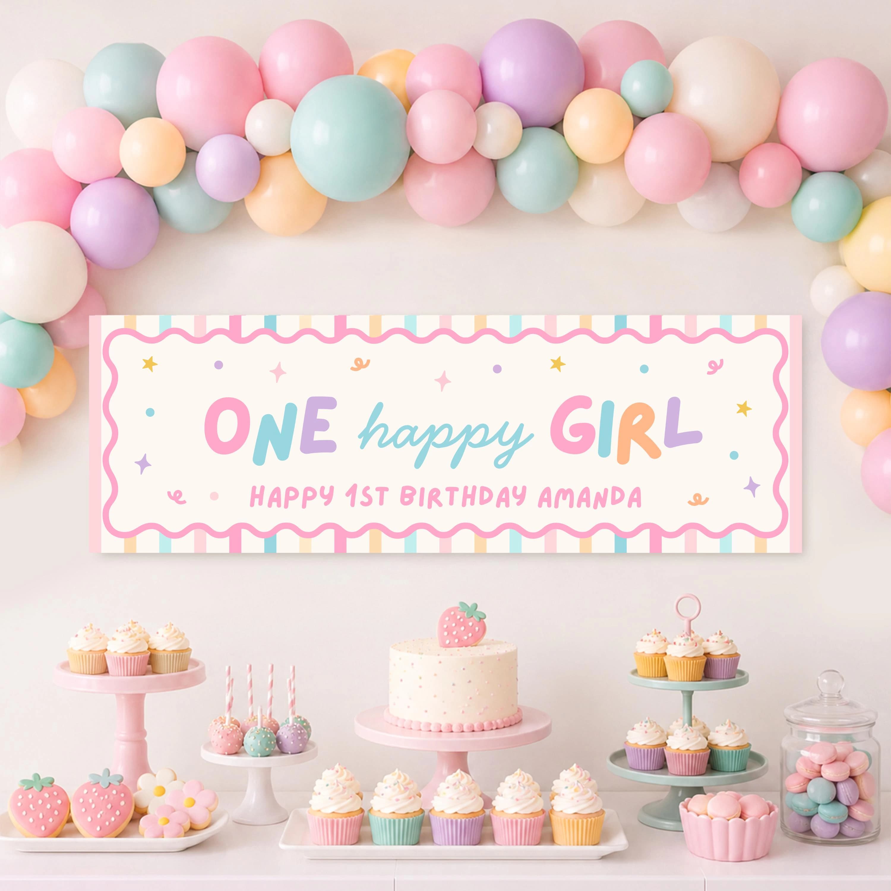 One Happy Girl Birthday Banner Girl 1st Birthday Sign Canva Editable Pastel Photo Backdrop 72x24 Wall Sign Fun Colorful Kids Party Decor