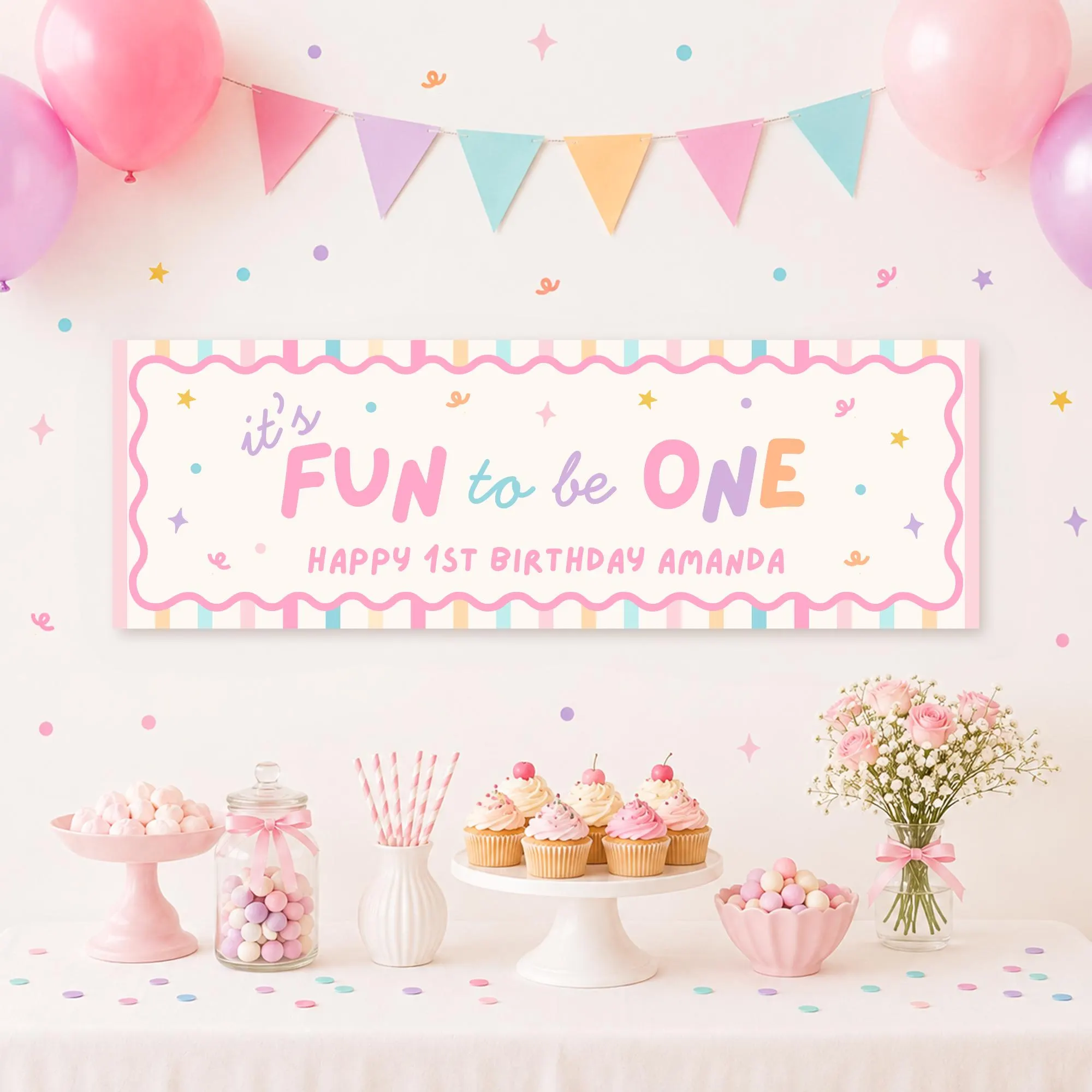 It's Fun To Be One Birthday Banner Editable 1st Birthday Sign Canva Girl Pastel Photo Backdrop 72x24 Boy Wall Sign Colorful Kids Party Decor - image 3