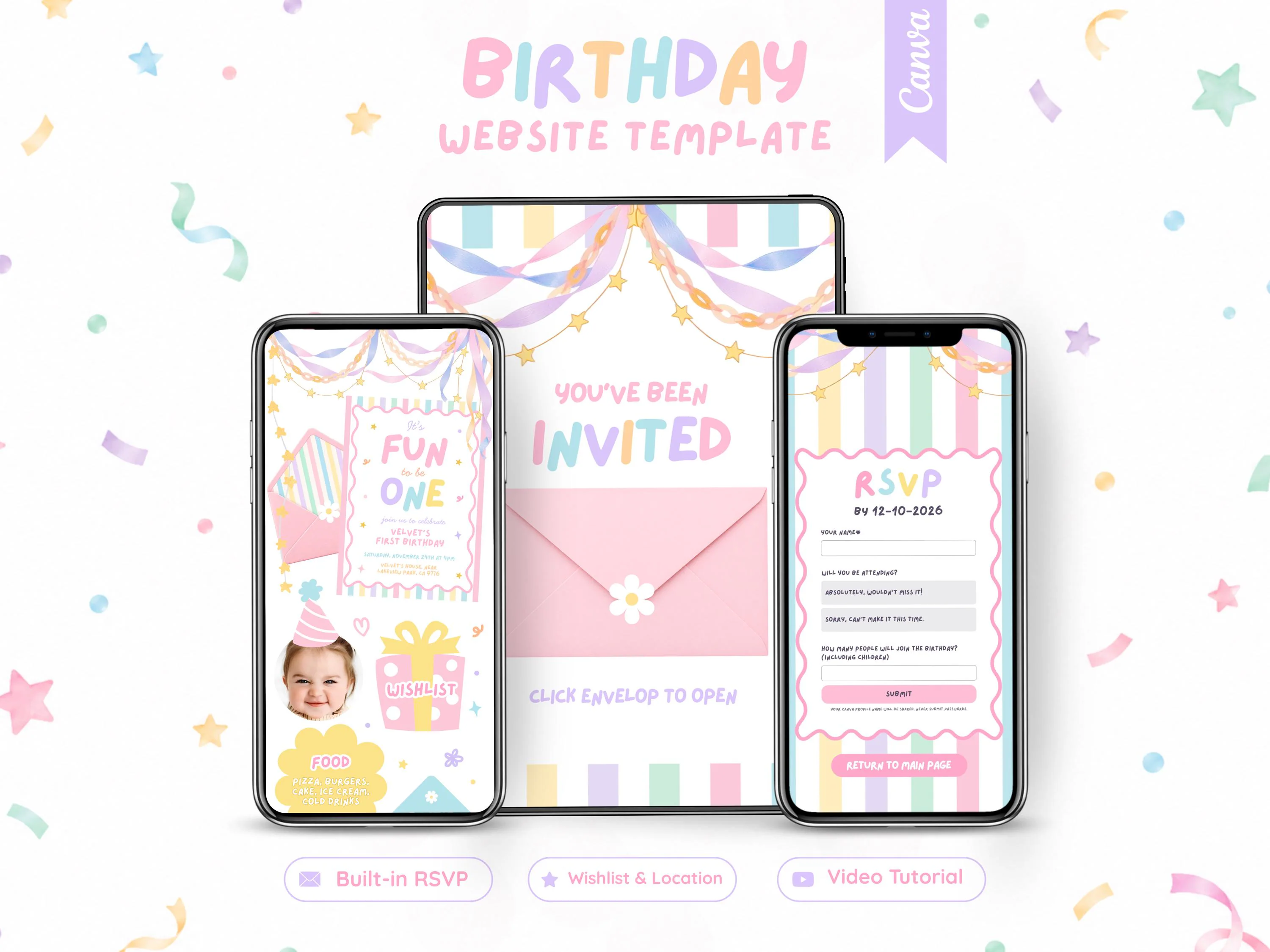Fun to be One Girl 1st Birthday Website Invitation with RSVP Pastel Whimsical Girl 1st Birthday Invite Editable Canva Colorful Party Website - image 3
