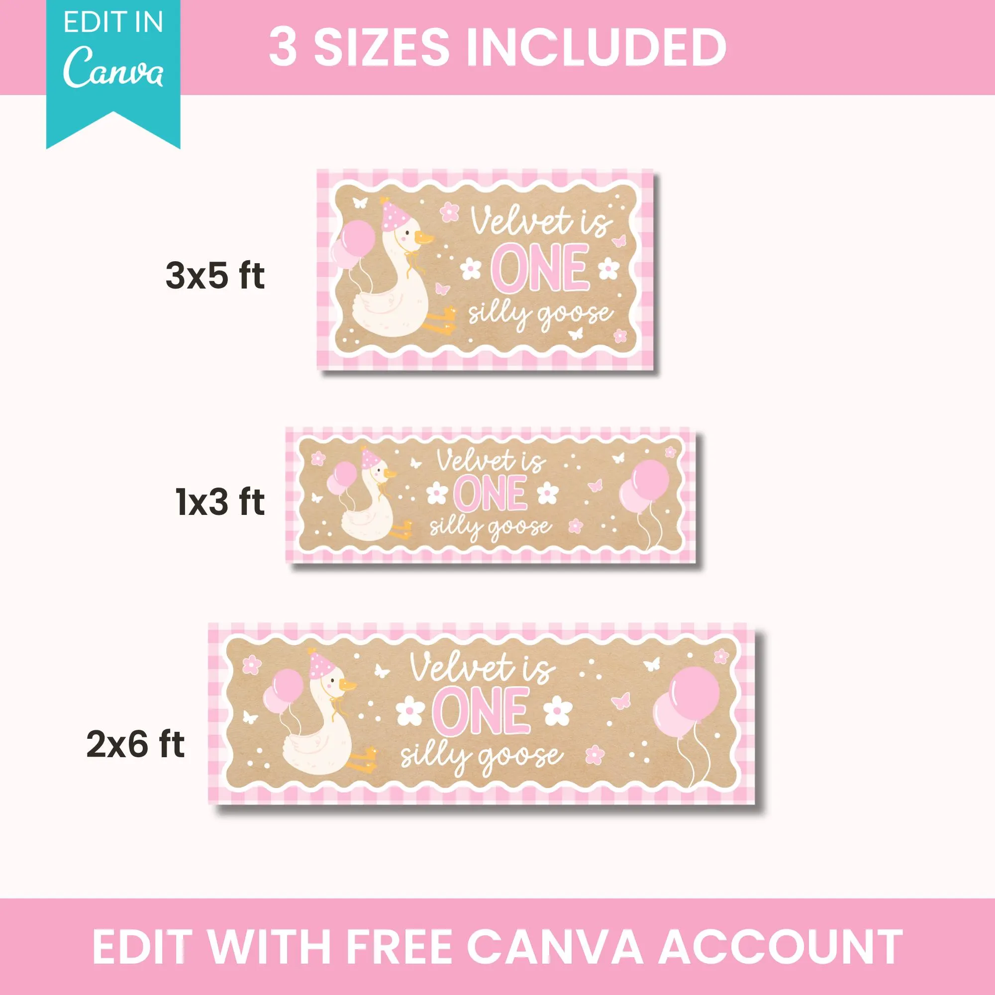 One Silly Goose Birthday Banner, Pink Gingham First Birthday Banner, Girl 1st Birthday Decor Cute DIY Painted Kraft Poster Canva 3x5ft 2x6ft - image 4