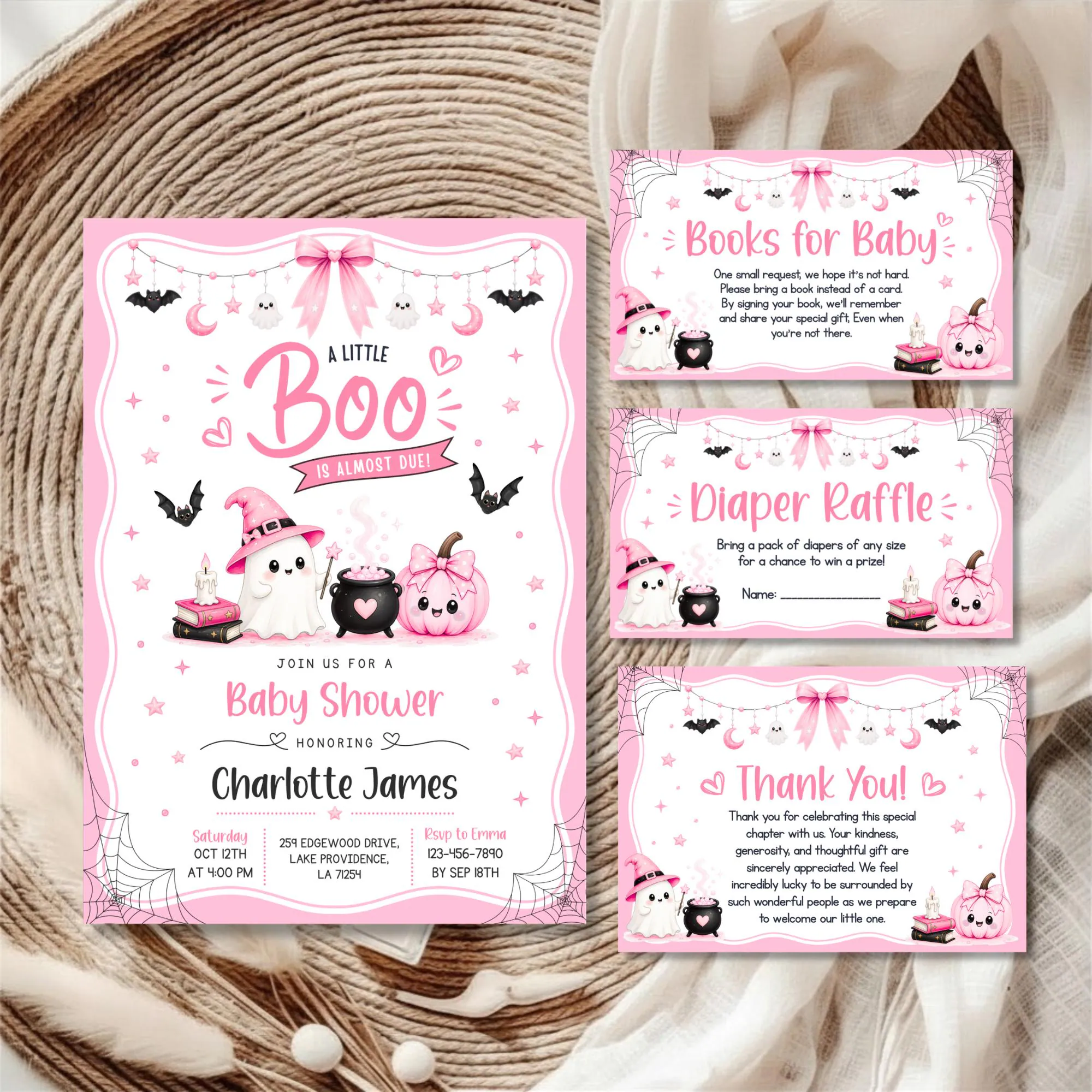 Little Boo Baby Shower Invitation Bundle, Girl Pink Halloween Baby Shower Invite Little Boo Is Almost Due Diaper Raffle Books Thank You Card - image 3